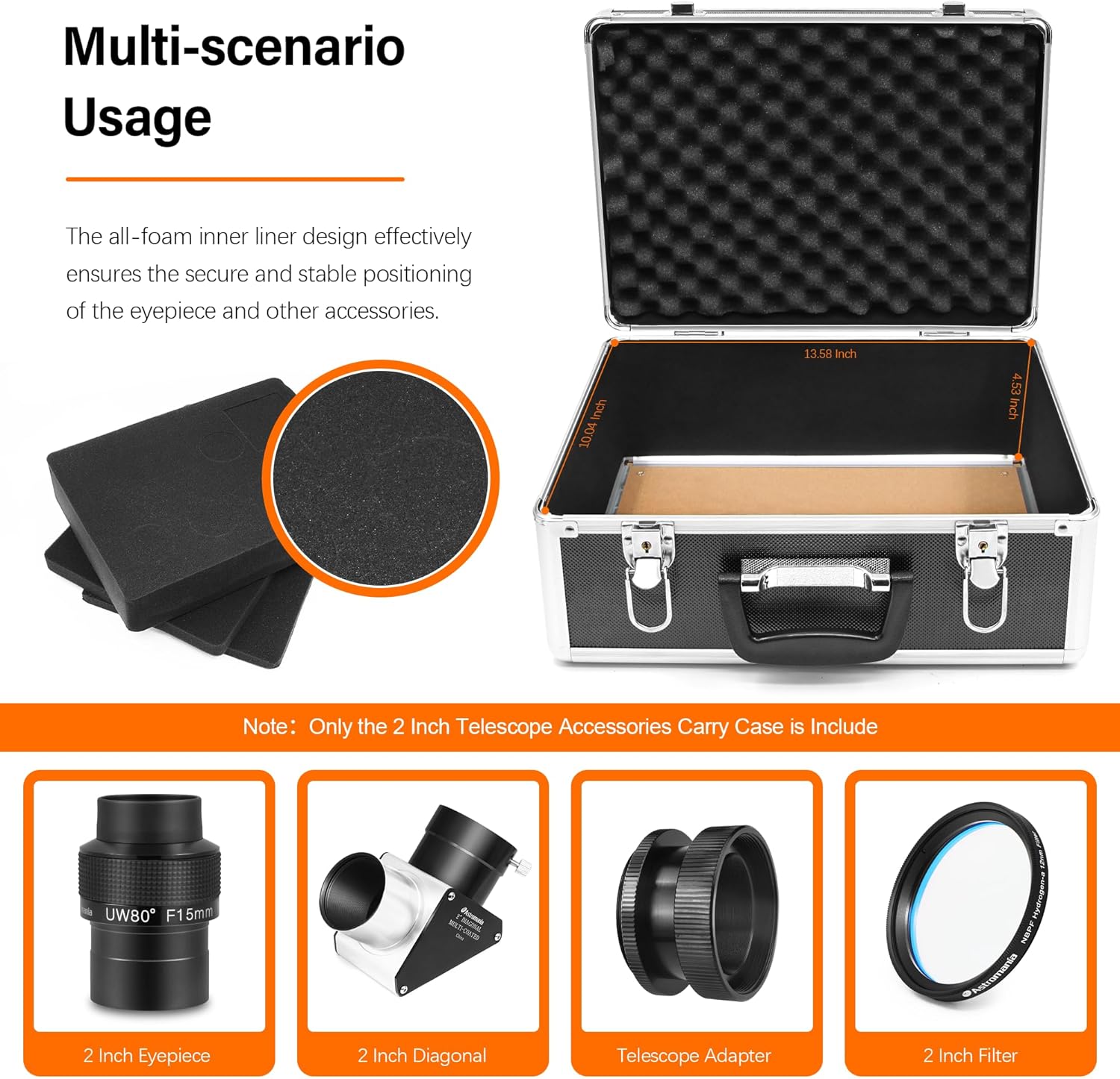 Astromania 2 Inch Telescope Carry Case, Customizable Pre-Diced Foam, Aluminum Alloy Sturdy Build for 2 Inch Eyepiece, Filter, Barlow Lens, Diagonal, T Adapter and Other Telescope Accessories
