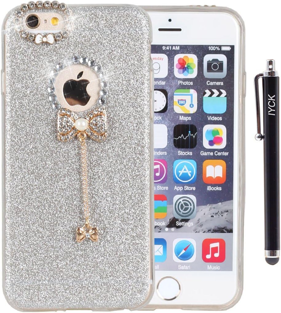 iPhone 6S Case, iYCK 3D Handmade Adorable Luxury Diamond Rhinestone Hybrid Glitter Bling Shiny TPU Soft Rubber Case Cover with Sparkly Bow Knot Crystal Pendent Charms for iPhone 6/6S 4.7inch - Silver