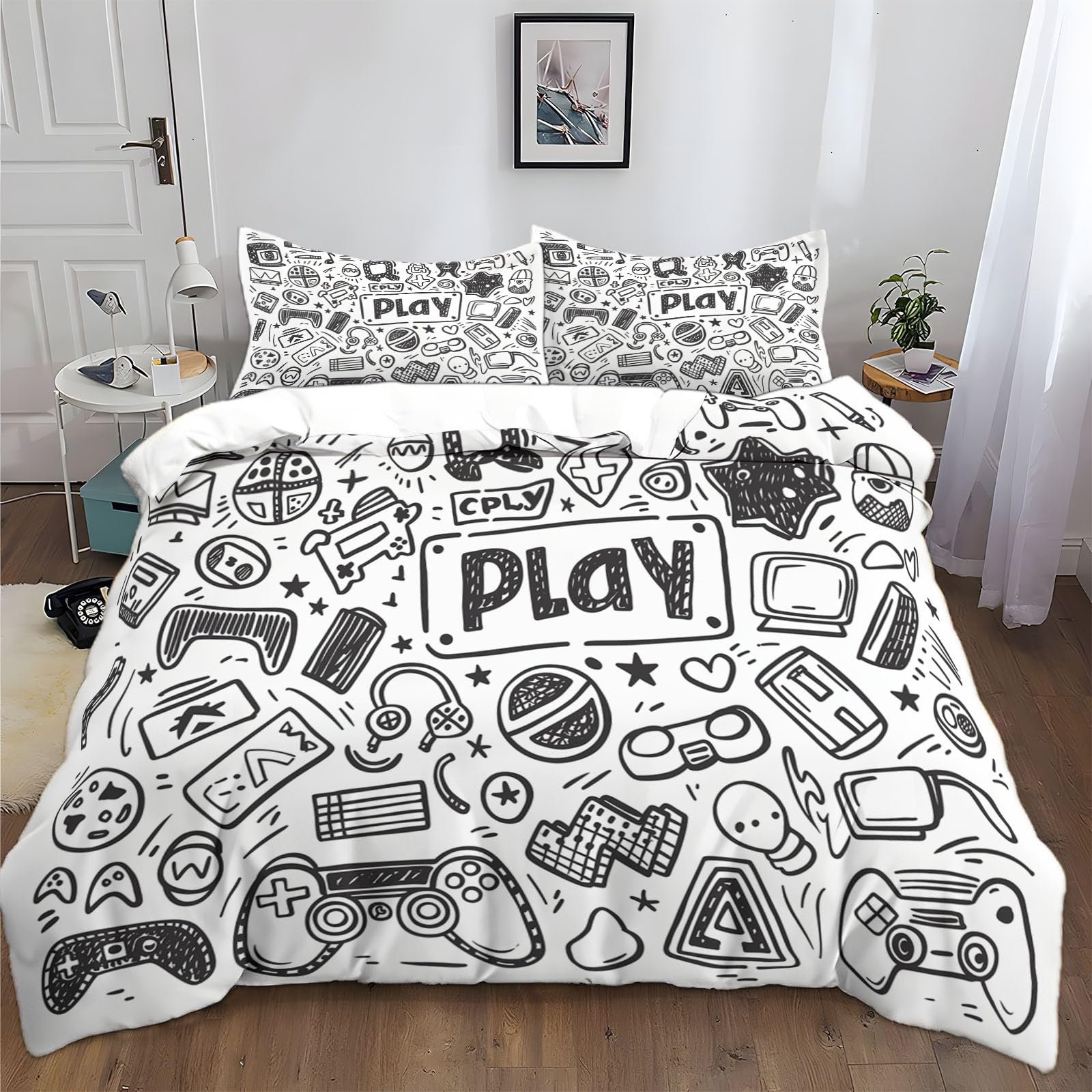 Housse de couette microfibres 220x240 cm motifs jeux vidéo gribouillis avec 2 taies d'oreiller