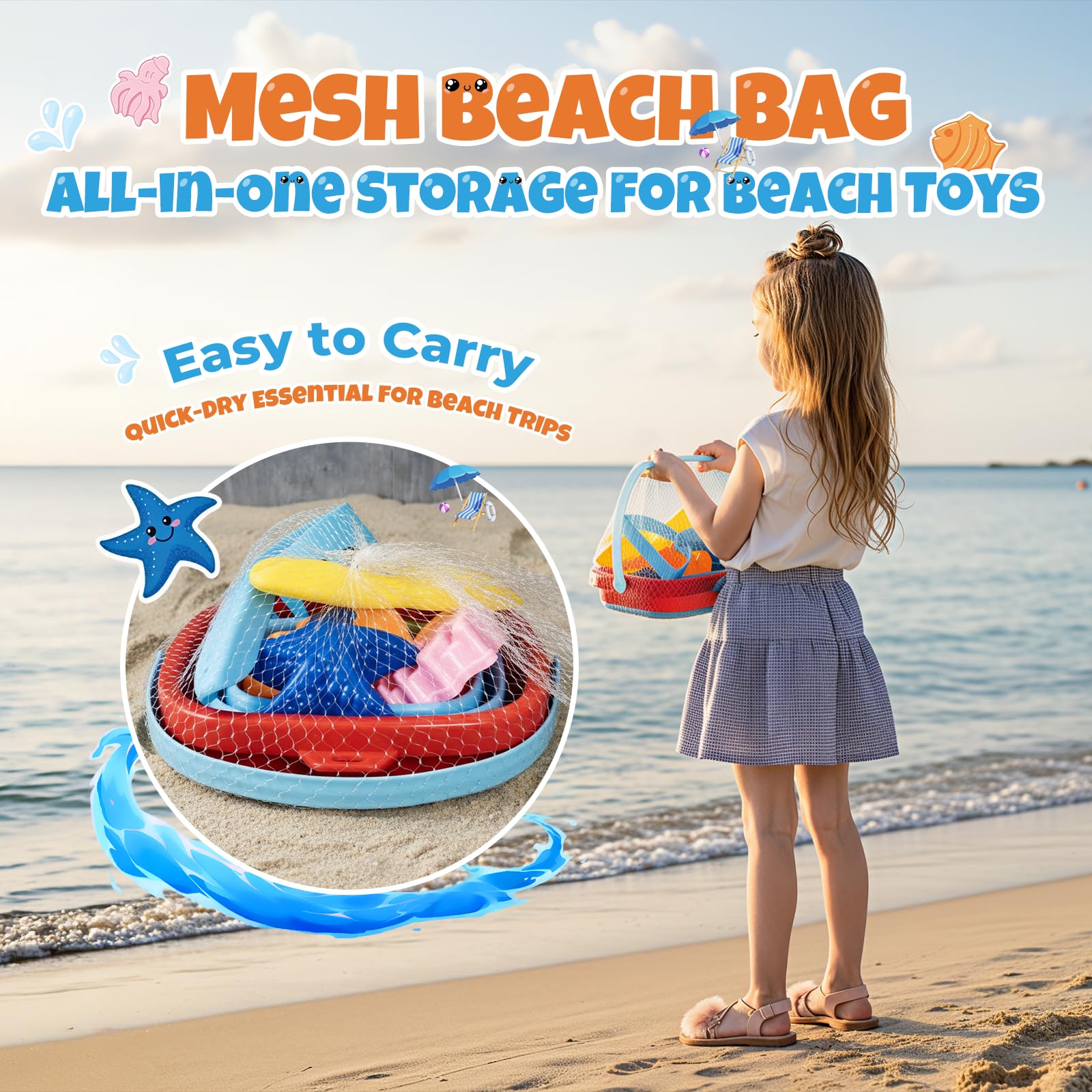 Beach Toy Set for Children Including 1 Collapsible Sand Bucket, Shovel, Rake, 3 Sand Moulds and Mesh Storage Bag - Image 3