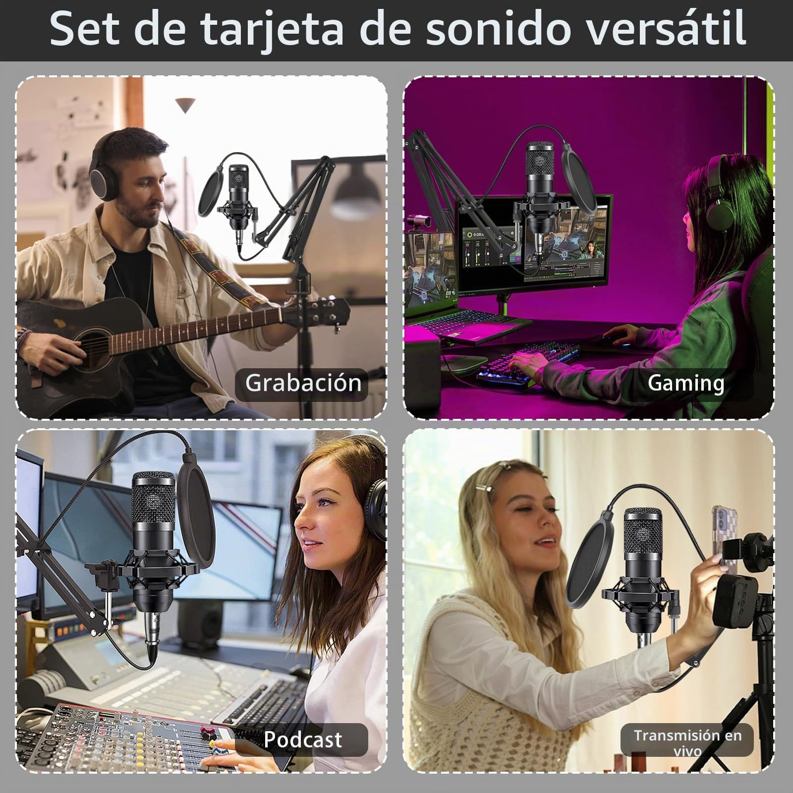 BM800 Kit Completo de Podcast para 2, Micrófono de Estudio con Directividad Cardioide, Interfaz de Audio y Mezclador DJ, Ideal para Transmisiones en Vivo, Canto, TikTok y YouTube