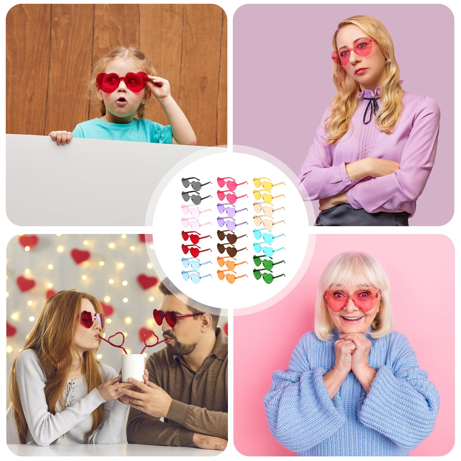 GOMETY 24 occhiali da sole senza bordi, a forma di cuore, per carnevale, feste in spiaggia, Natale, 12 colori