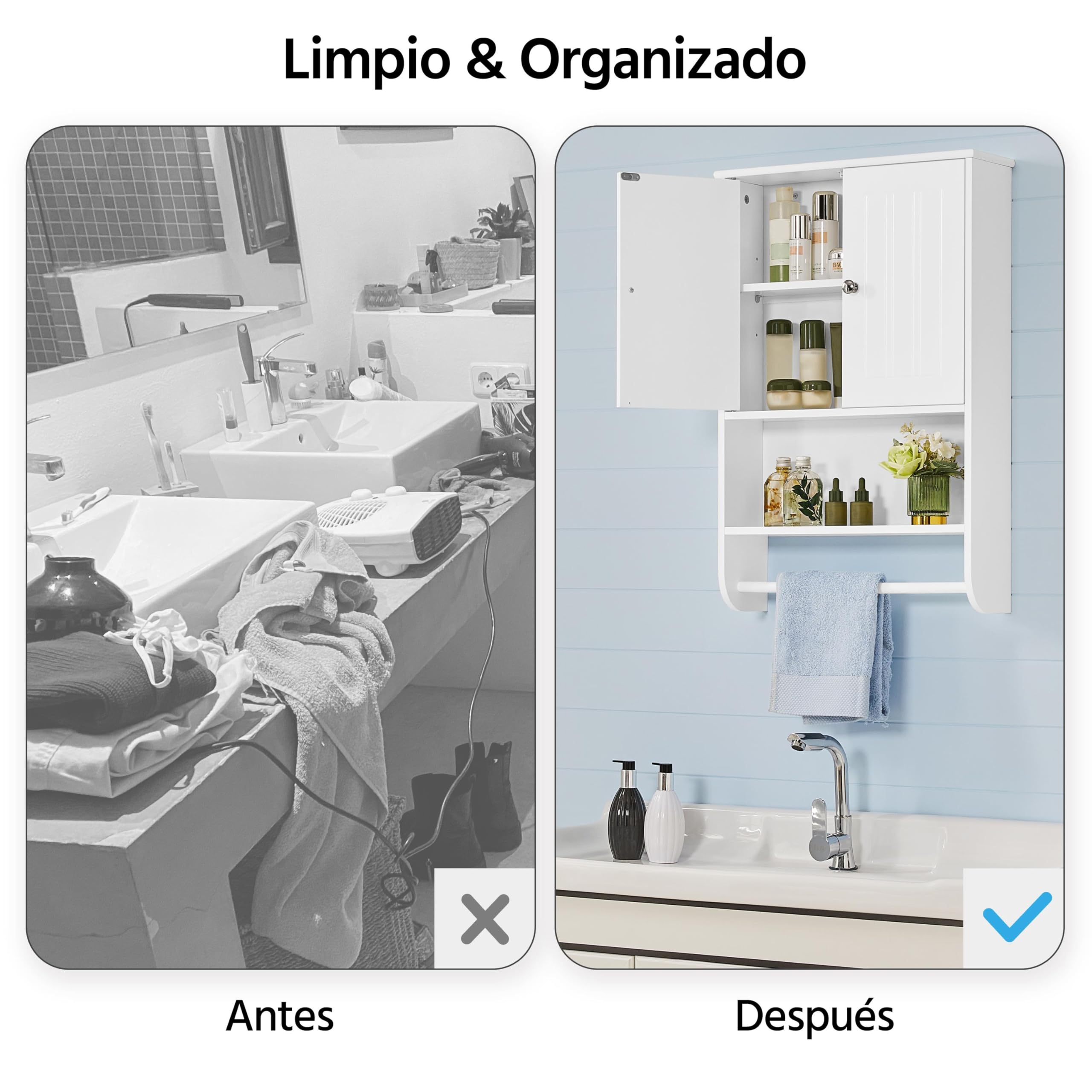 Yaheetech Armario Baño Pared Mueble Baño Colgar con Toallero Armario Colgante de Cocina con 2 Puertas 48,5x14x73cm Blanco Brillo
