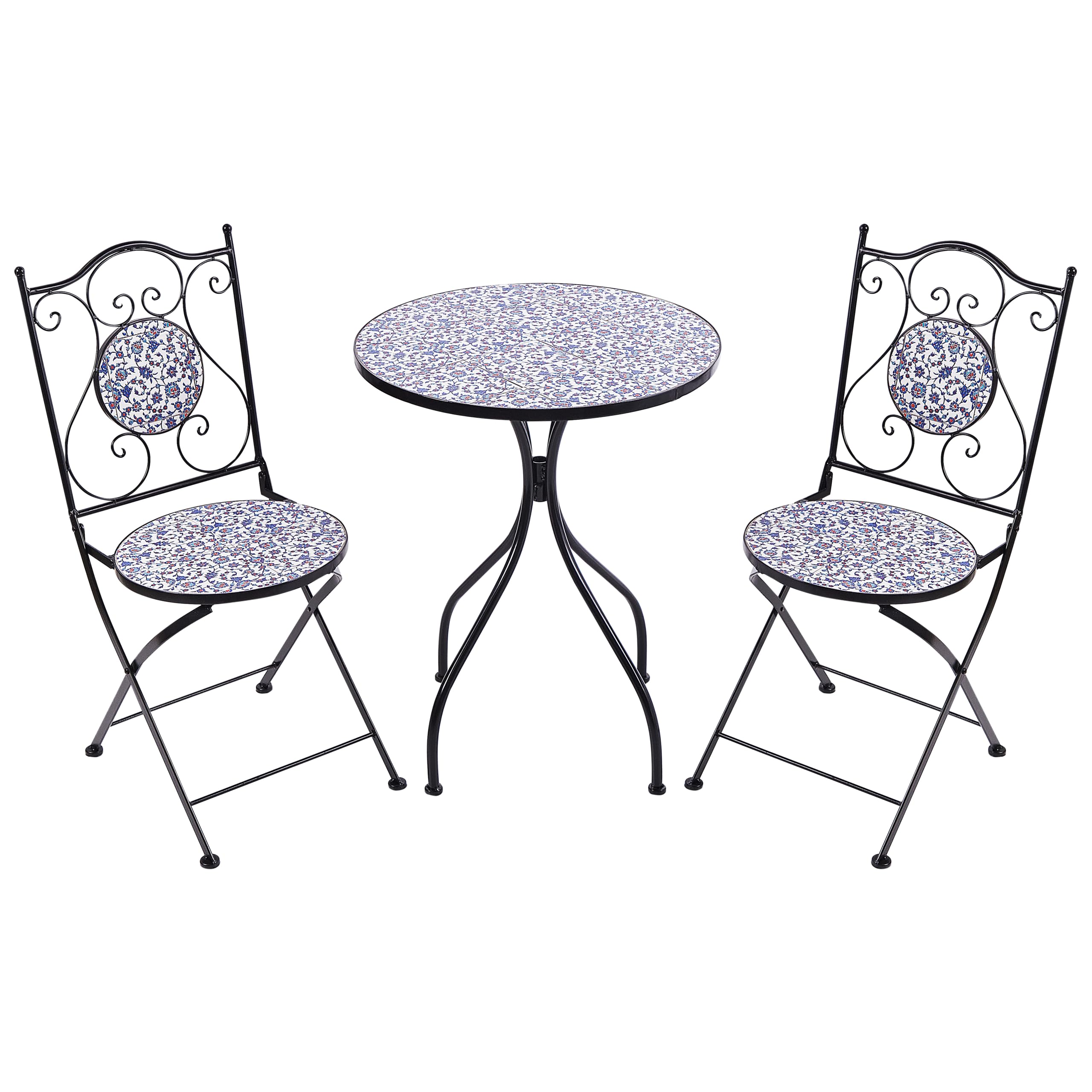 Beliani Conjunto de balcón jardín Exterior Metal Estilo Vintage patrón Mosaico Estructura de Hierro Negro Azul Camprena