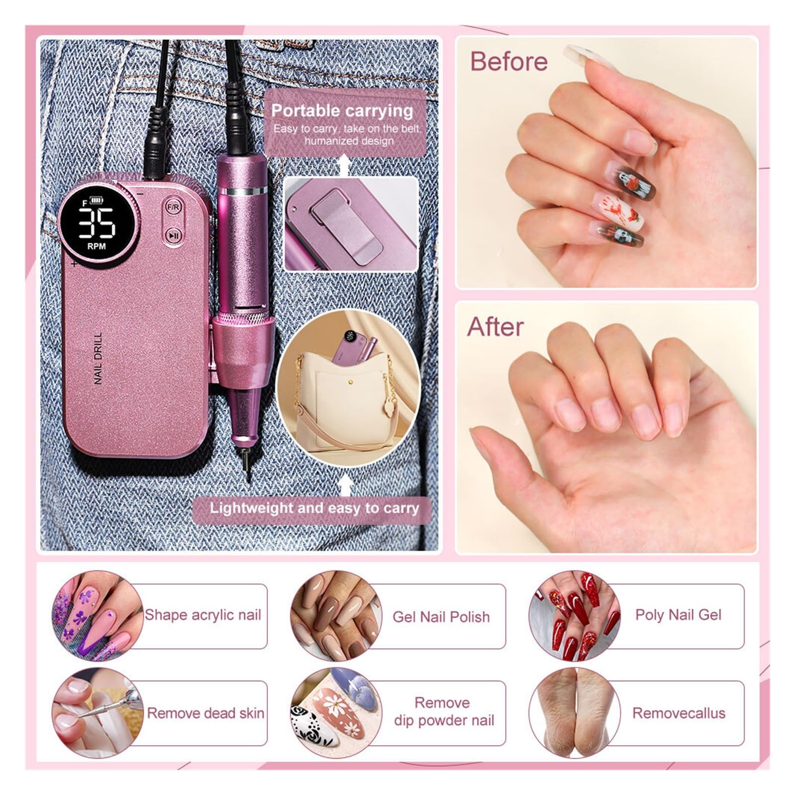 Nagelfräser, Kabelloser Nagelbohrer, tragbare Nagelpolierermaschine mit 35.000 U/min und Akku, geringe Vibration, Geräuschentwicklung