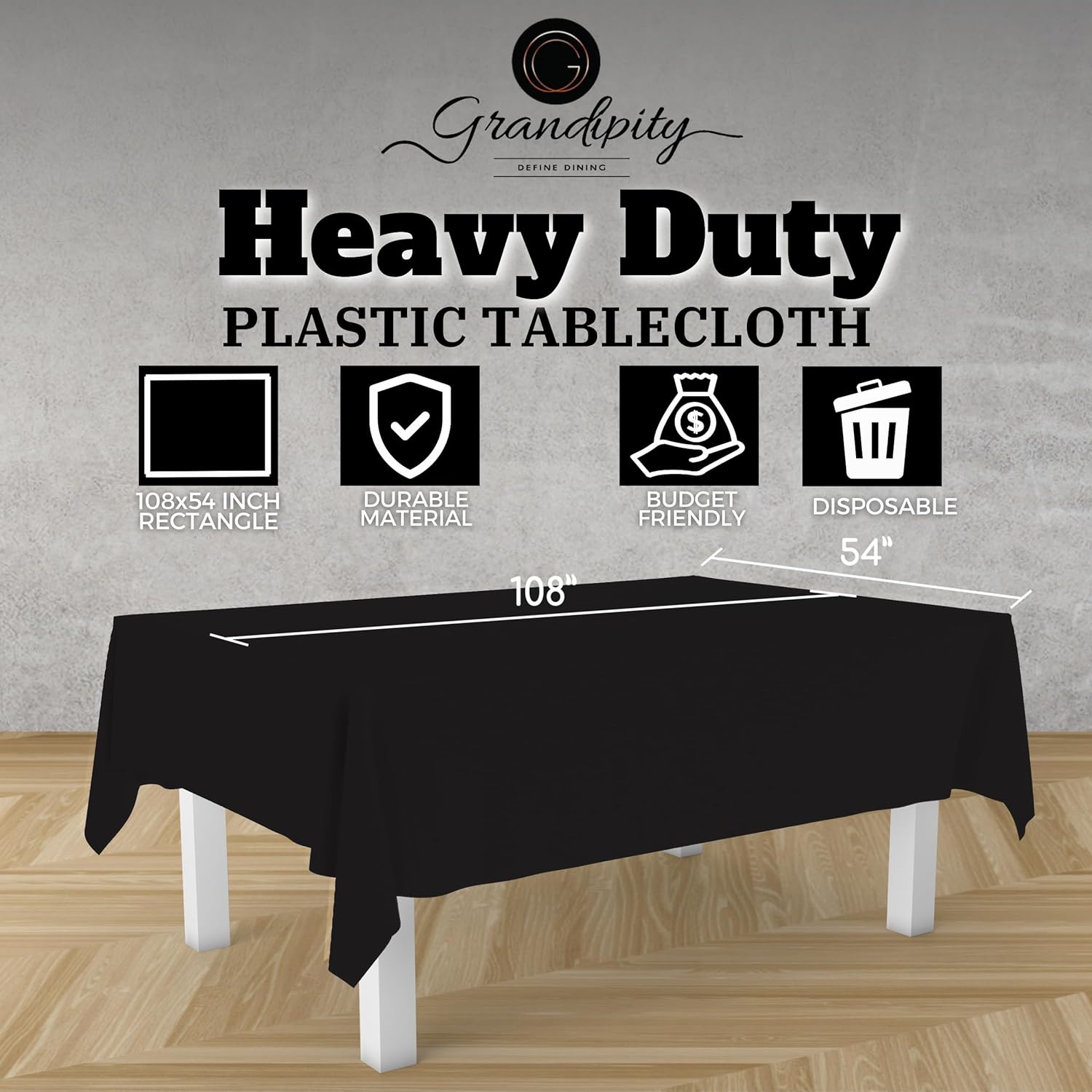Grandipity Black 6 Pack Premium Disposable Plastic Tablecloth 54 Inch. x 108 Inch. Rectangle Table Cover Black Rectangle