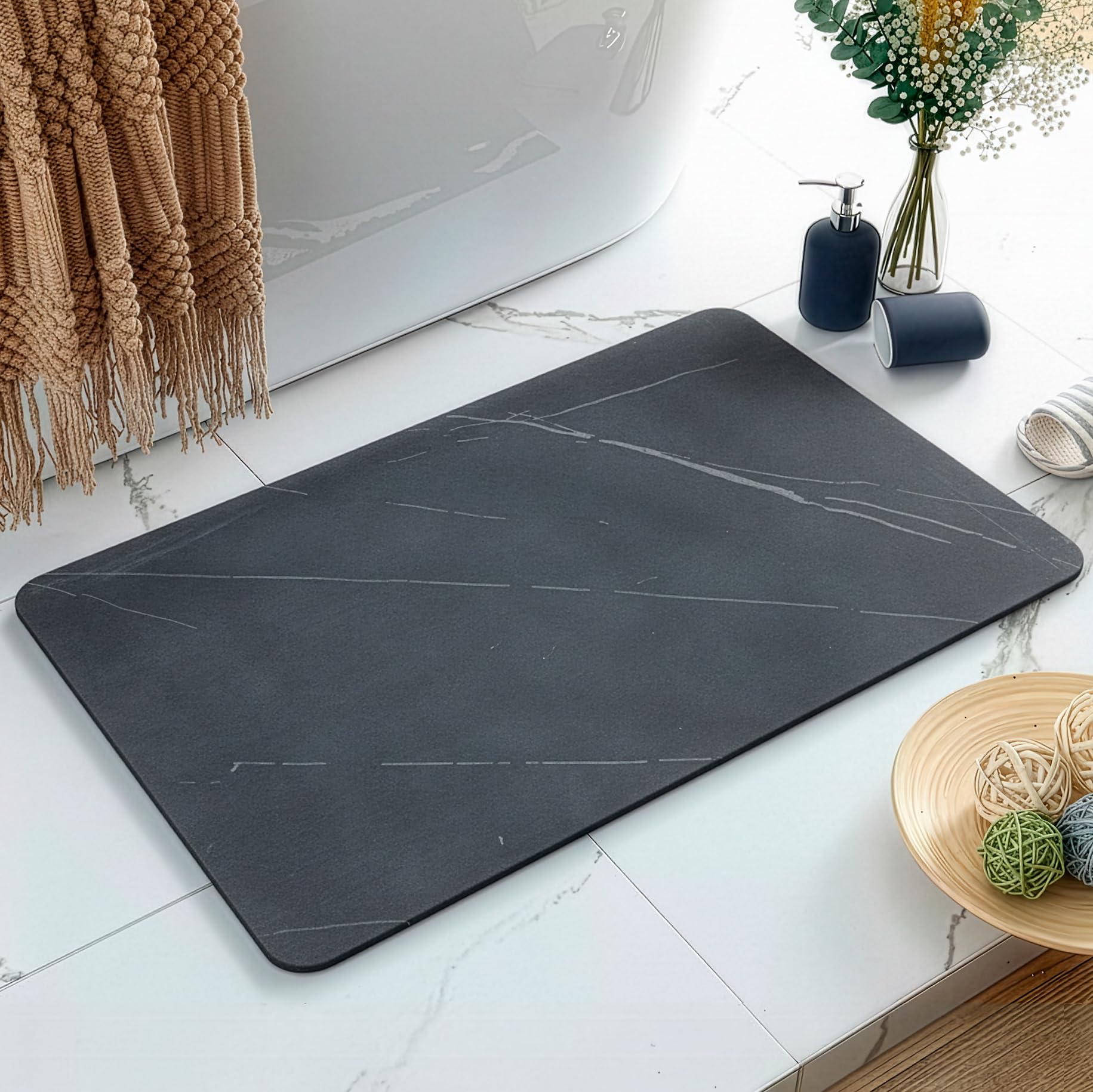 Maxura Alfombra Diatomita Baño 60x40 cm – Alfombrilla de Piedra Diatomita Super Absorbente para Ducha, Baño y Cocina, Secado Rápido, Antideslizante y Antibacteriana - Stone Bath Mat (Negro)