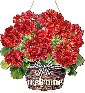 Yookeer Summer Red Geranium Door Sign Welcome Summer Geranium Flower Sign Wood Wall Decor Rustic Hanging Doors Signs Farmhouse Wooden Hanging Plaque for Home Front Door Garden Porch Patio