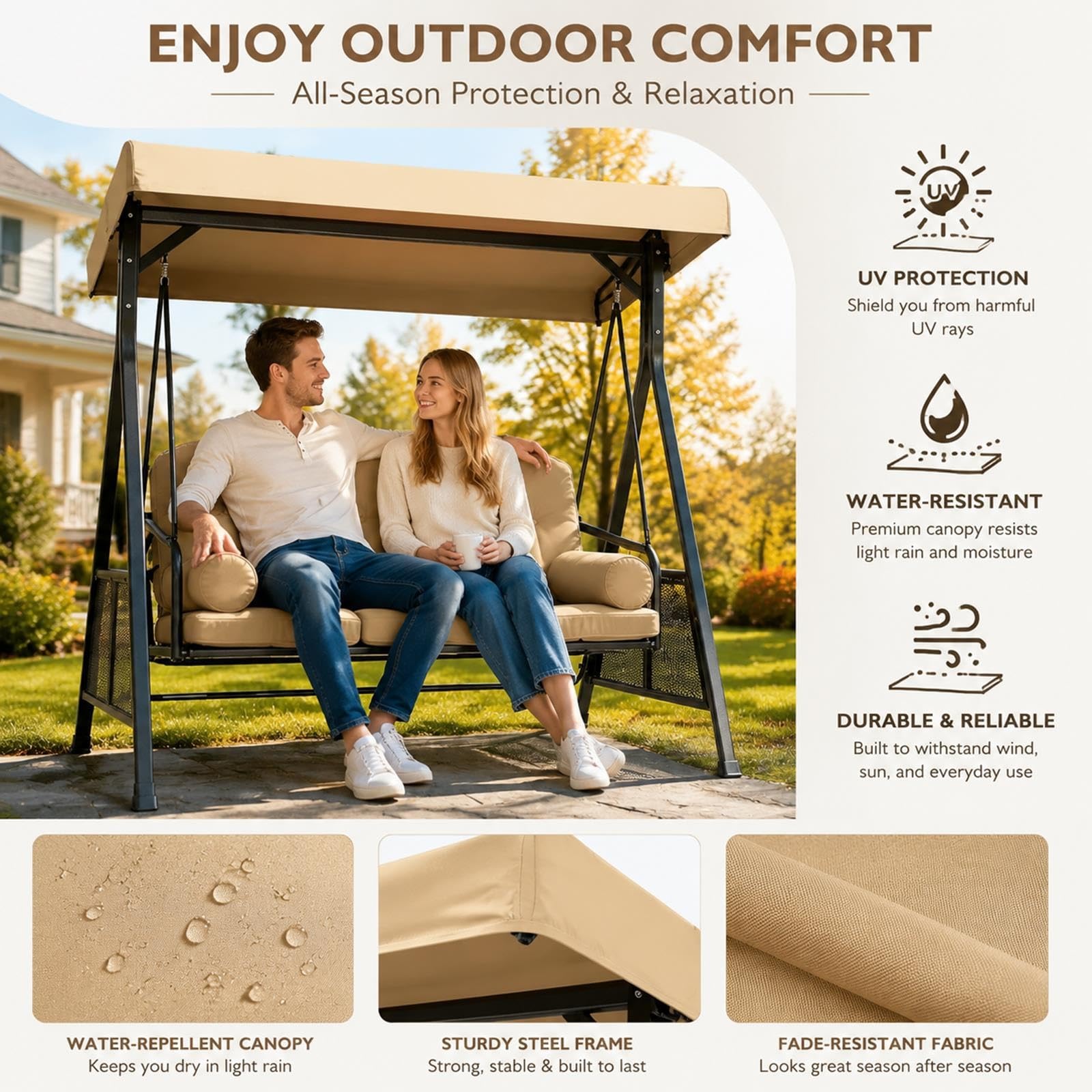 Tettuccio di ricambio per dondolo 3 posti impermeabile per esterno | Poliestere 600D 250g/m², resistente agli strappi, antimaltempo, pulizia semplice(Brown,75.20*47.24*8.66*6.69in)