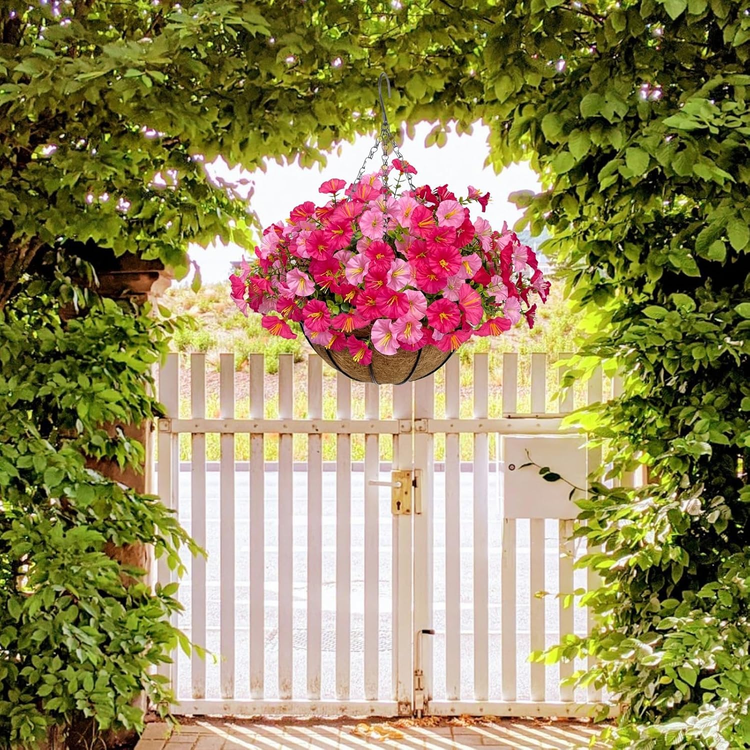 Florielle Artificial Hanging Faux Flowers Basket, Fake Silk Petunias Plants Arrangement, for Spring Summer Outdoor Decoration,UV Resistant, Morning Glorias, for Home Garden Decor (Hot Pink)
