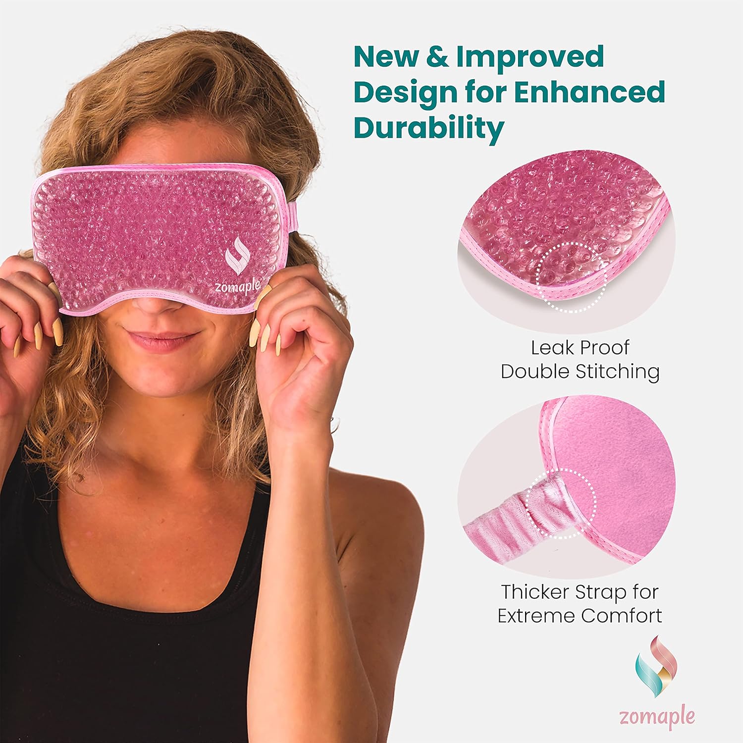 Zomaple Cooling Eye Mask - Cold & Hot Gel Compress Pack for Muscle Strain, Puffy Eyes, Headache Pain Relief, Dark Circles, Dry Eye, Sinus Pressure - Adjustable Thick Straps, Flexible & Reversible Mask