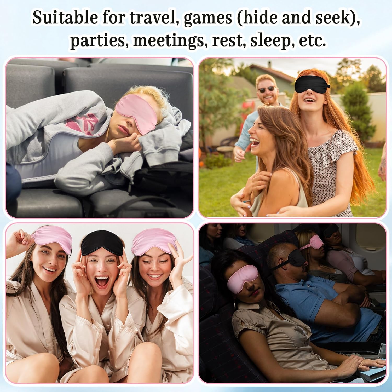 Newcotte 50 Pcs Silk Sleep Eye Mask for Sleeping Adjustable Elastic Strap Blackout Smooth Soft No Pressure Eye Covers for Women and Men Comfortable Blindfolds(Pink,Black)