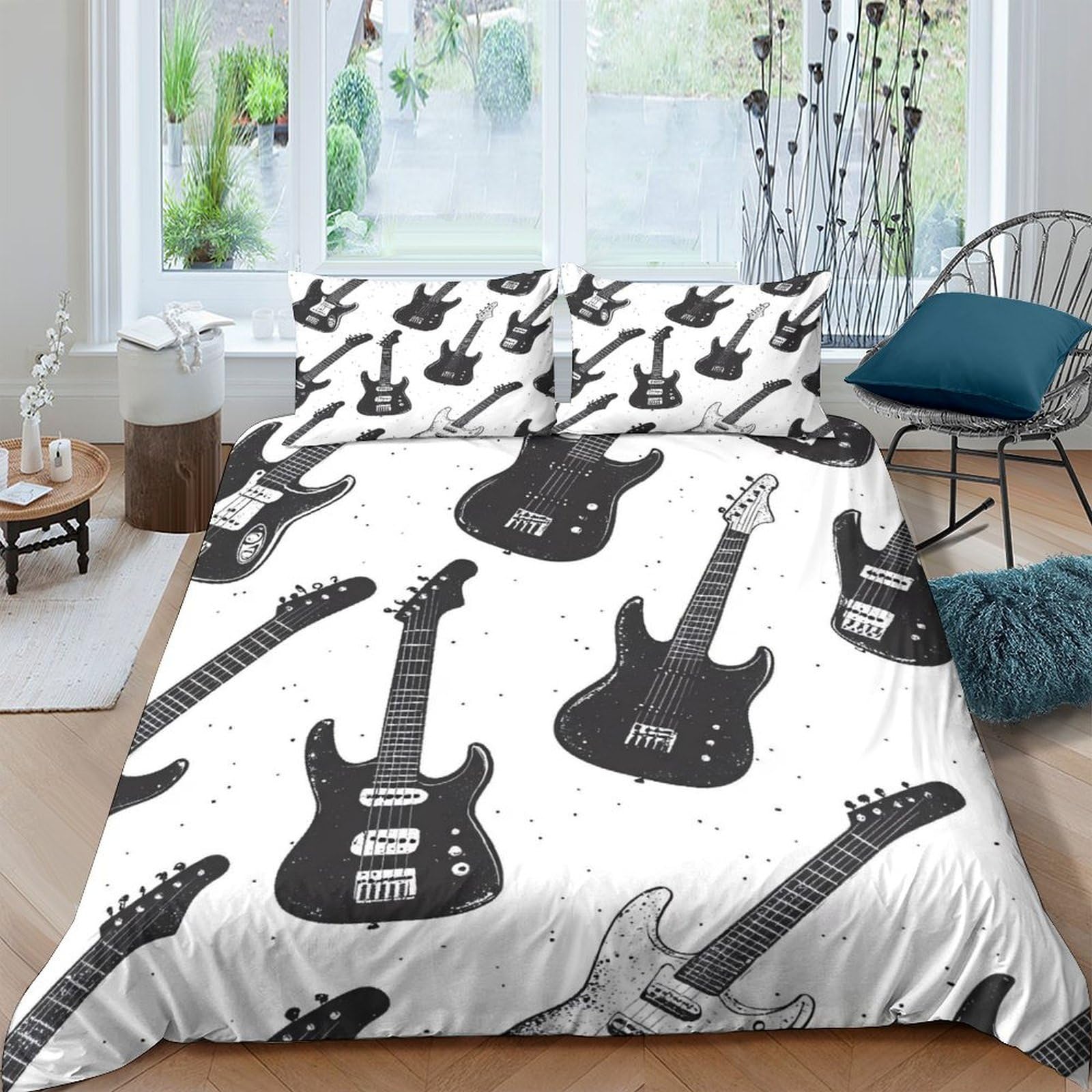 GPLZQXKJNH 3D Printed Electric Guitar Duvet Cover Microfiber Soft Breathable Rock Music Bedding Set with 2 Pillowcases for Bedroom Decor, Single（135x200cm）