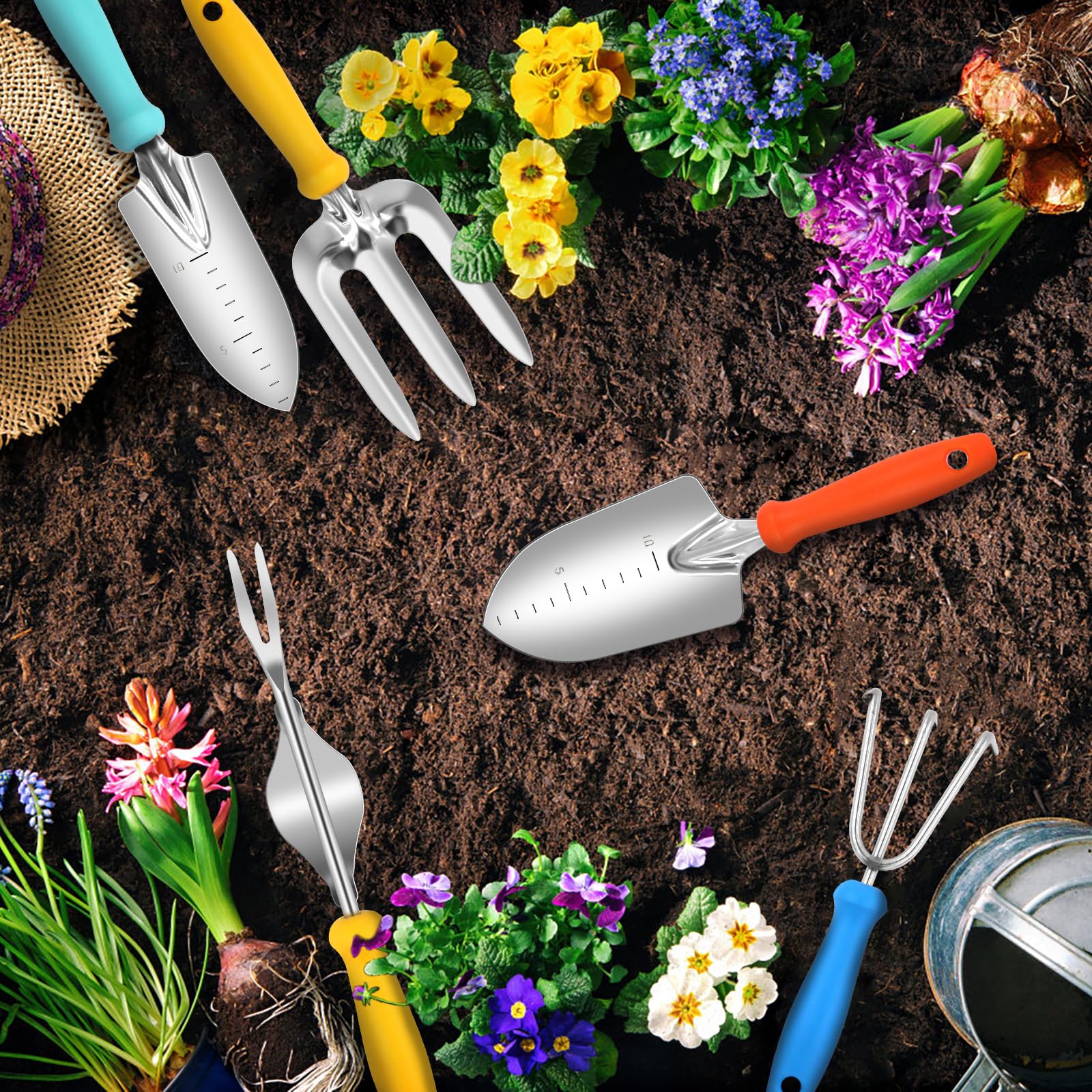Juego de herramientas de jardín, 5 piezas de acero inoxidable resistentes, suministros de jardinería, herramientas manuales de jardinería con mango ergonómico de madera, regalos de jardinería para