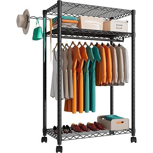 Heavy Duty Rolling Garment Rack,Portable Clothes Rack for Hanging Clothes,Clothing Rack,Wardrobe Storage Rack with 3 Shelves,1 Hang Rod,1 Side Hook,36" Lx18 Wx71 H, Max Load 500LBS, Black,GR1