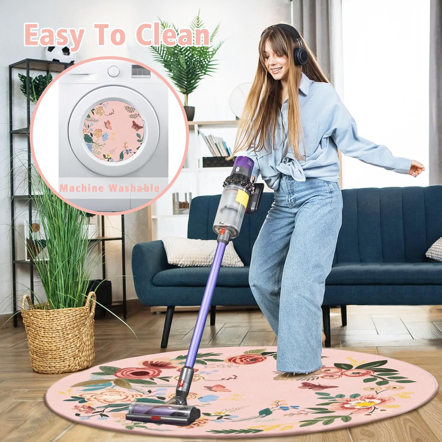 Office Chair Mat for Hardwood Floor 47"X 47" Round Gaming Rolling Chairs Rugs for Office Computer Desk Chair Non-Slip Game Protector Mats for Hard Floor & Tile Floor,Carpet Decor(Pink Flowers)