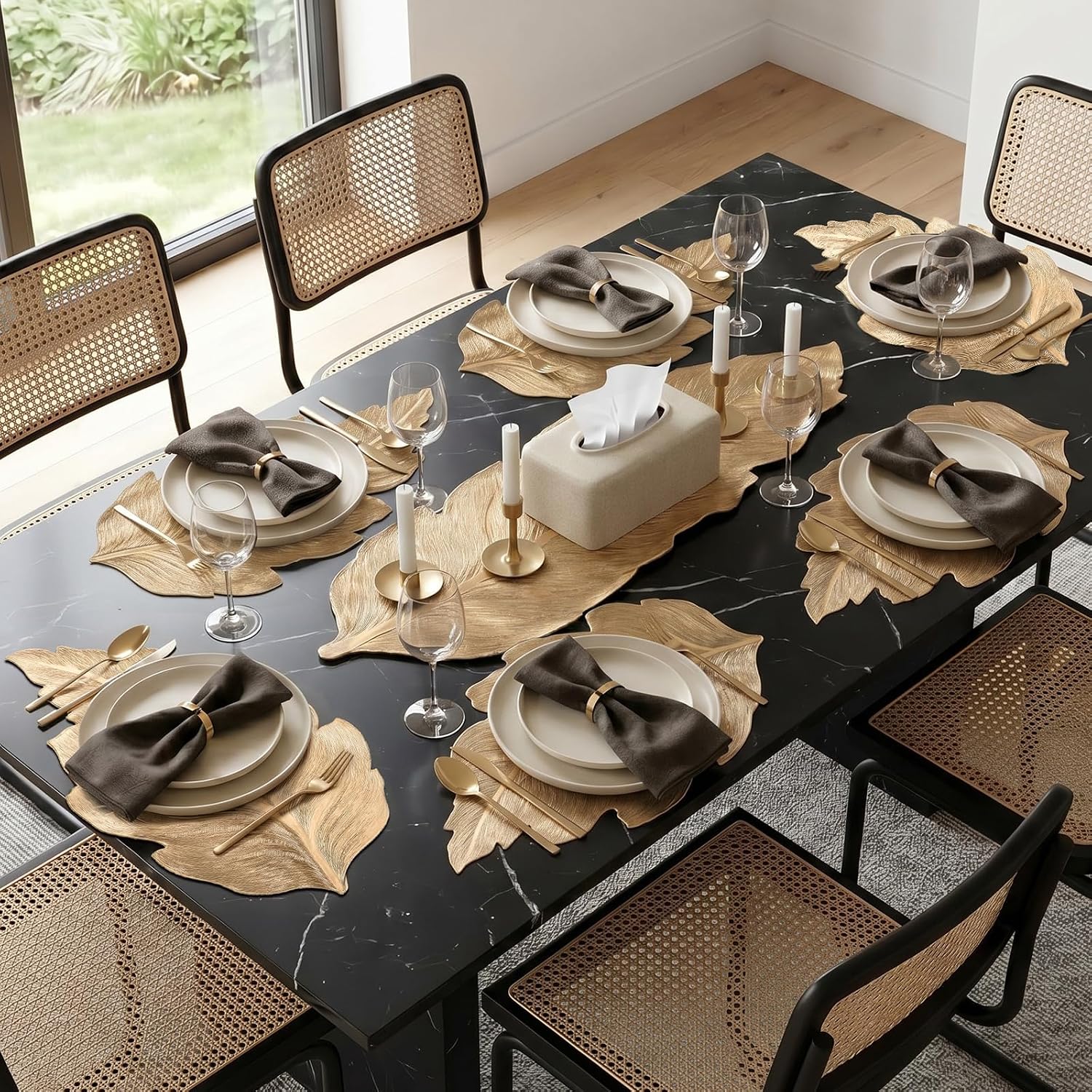 7 Pcs Gold Leaf Shaped Placemat and Table Runner Set, Waterproof Wipeable PVC Place Mats for Thankgiving Christmas Dining Table Wedding Party Dinner Decor Holiday Activities