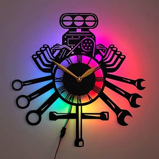 Mechanical Tools Wall Clock with LED Lights – Automotive Mechanic Decor, Engine Art for Car Enthusiasts, Unique Gift for Gearheads, Black (with Backlight)