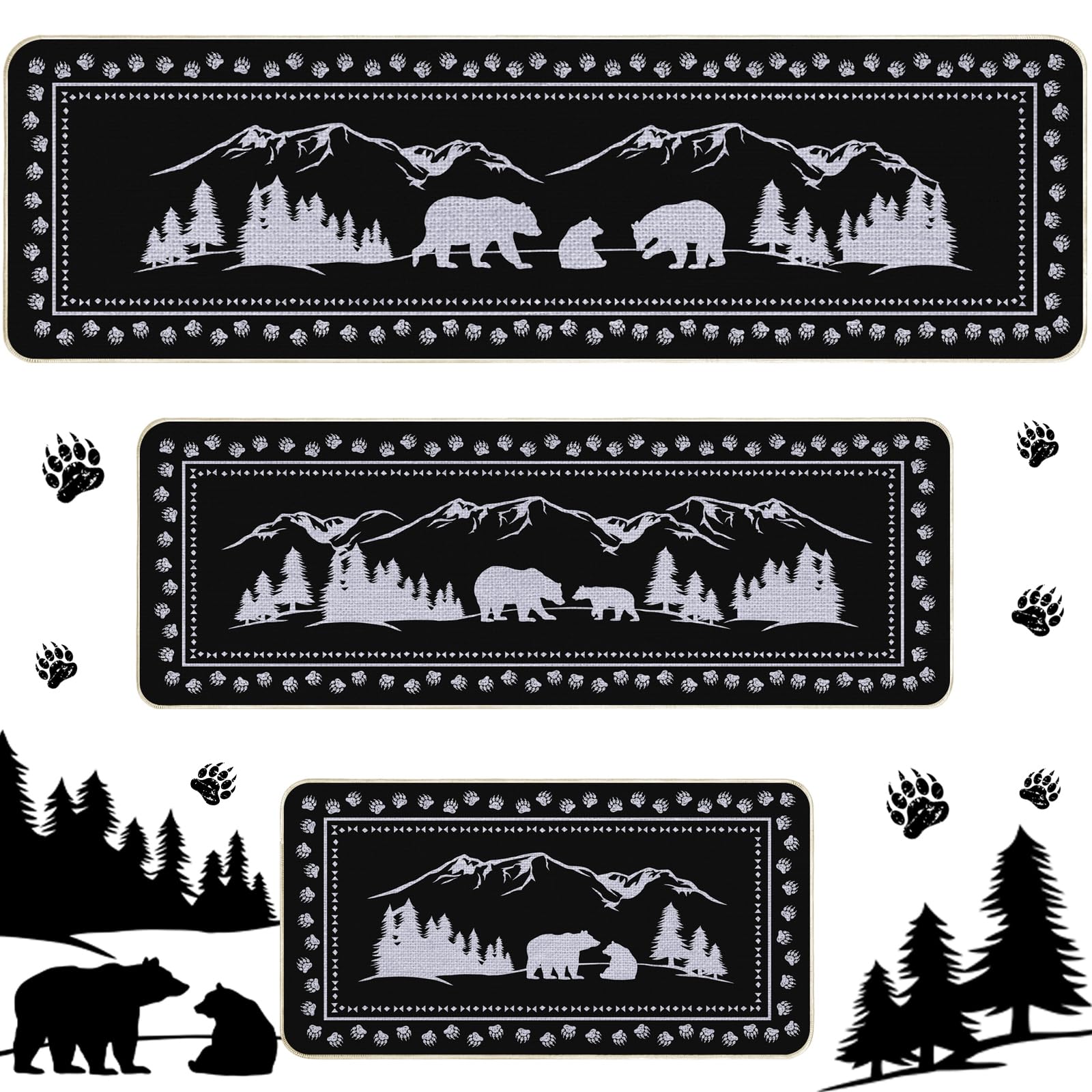 Pickmesh Set of 3 Kitchen Mats Cabin Bear Rugs Woodland Nursery Rug Decor Rustic Lodge Theme Area Rug with Bear and Cub Mountain Scene Cabin Rug for Home Bathroom (Black, White,Forest)