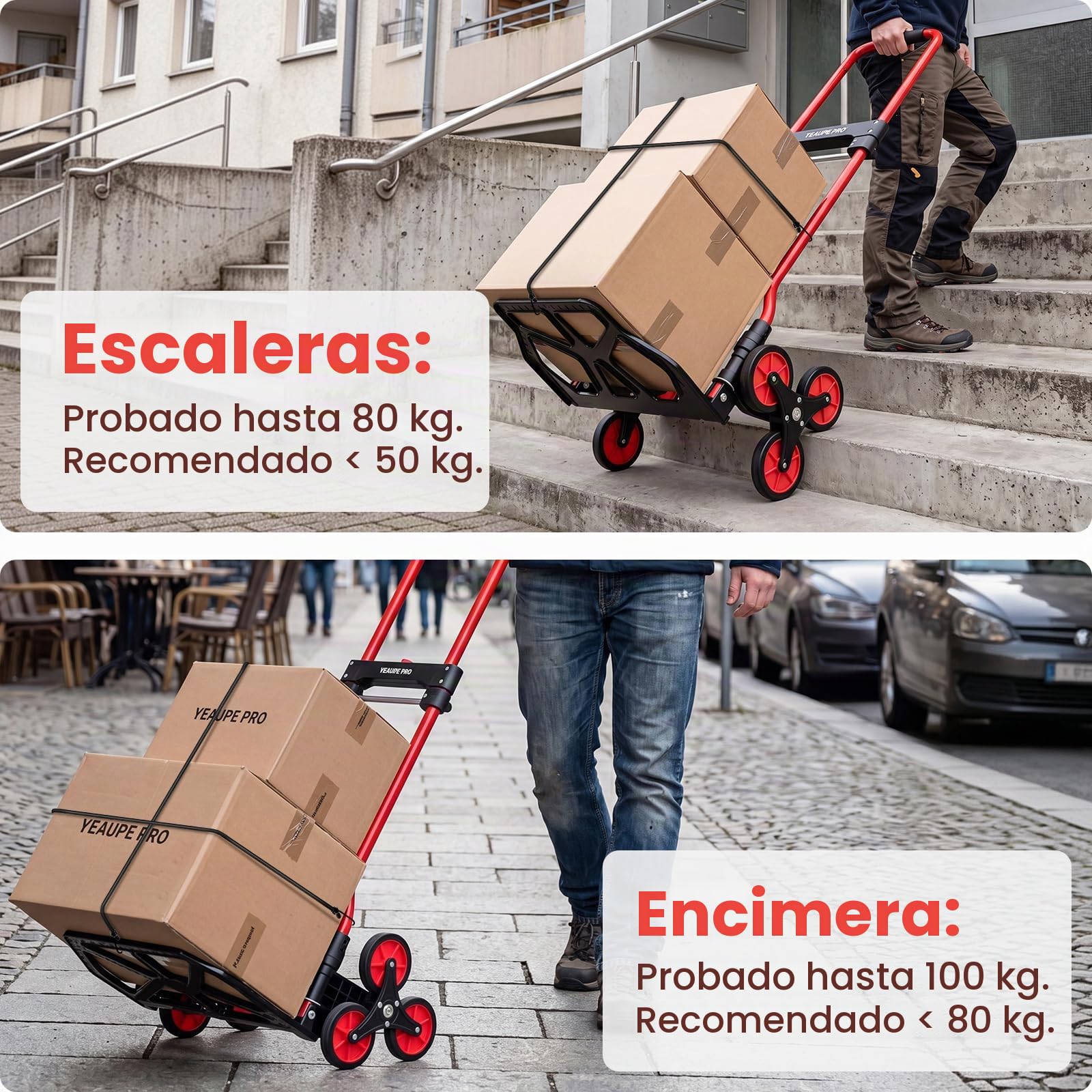 YEAUPE PRO Carretilla de Mano Plegable Escaleras 50 kg Rojo | Ruedas TPR grandes, mango telescópico regulable y 2 cuerdas incluidas para subir escaleras, mudanzas y transporte