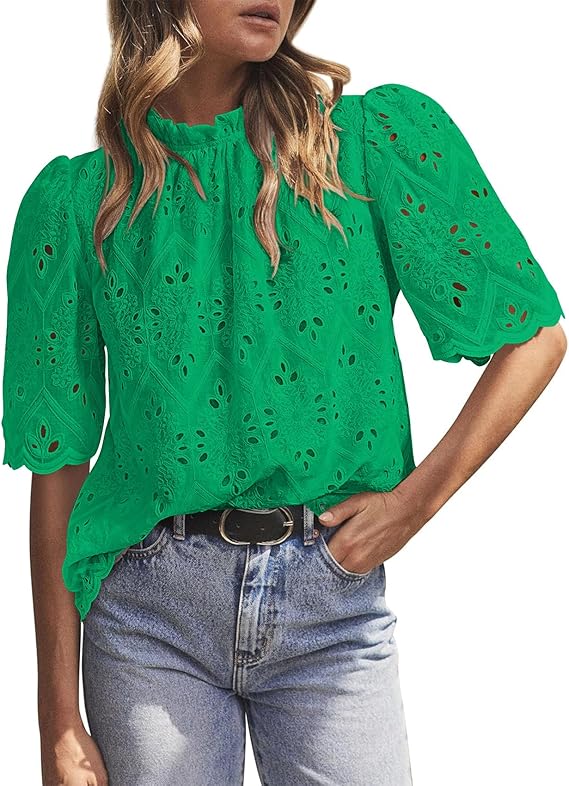 BETTE BOUTIK Womens Lace Tops 2025 Trendy Long Short Sleeve Eyelet Embroidered Dressy Casual Blouse Shirts