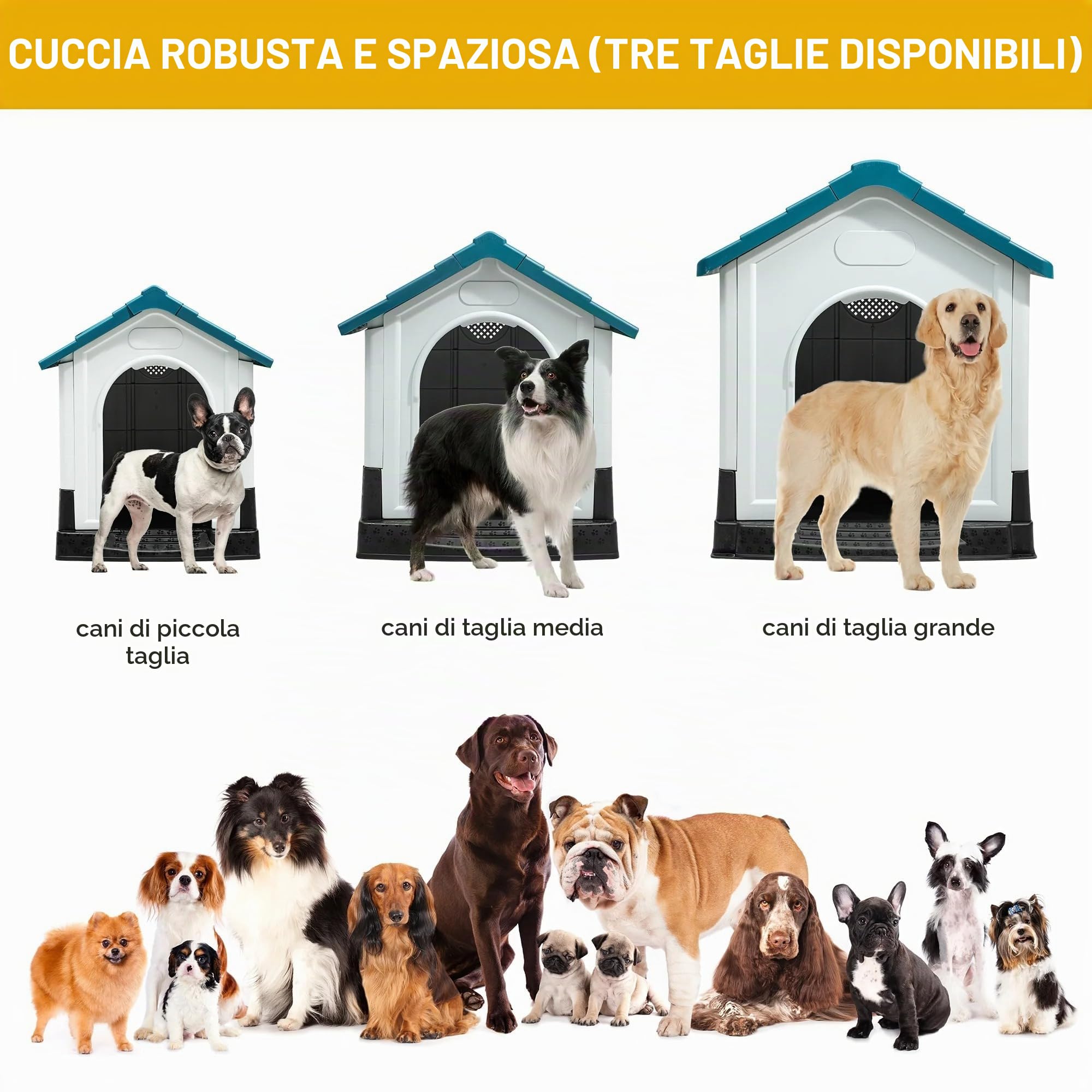Lanco - Cuccia per Cani di Piccola Taglia. Uso interno ed esterno con griglie di ventilazione. Materiale resistente. 68x55x66 cm. Blu e bianco.