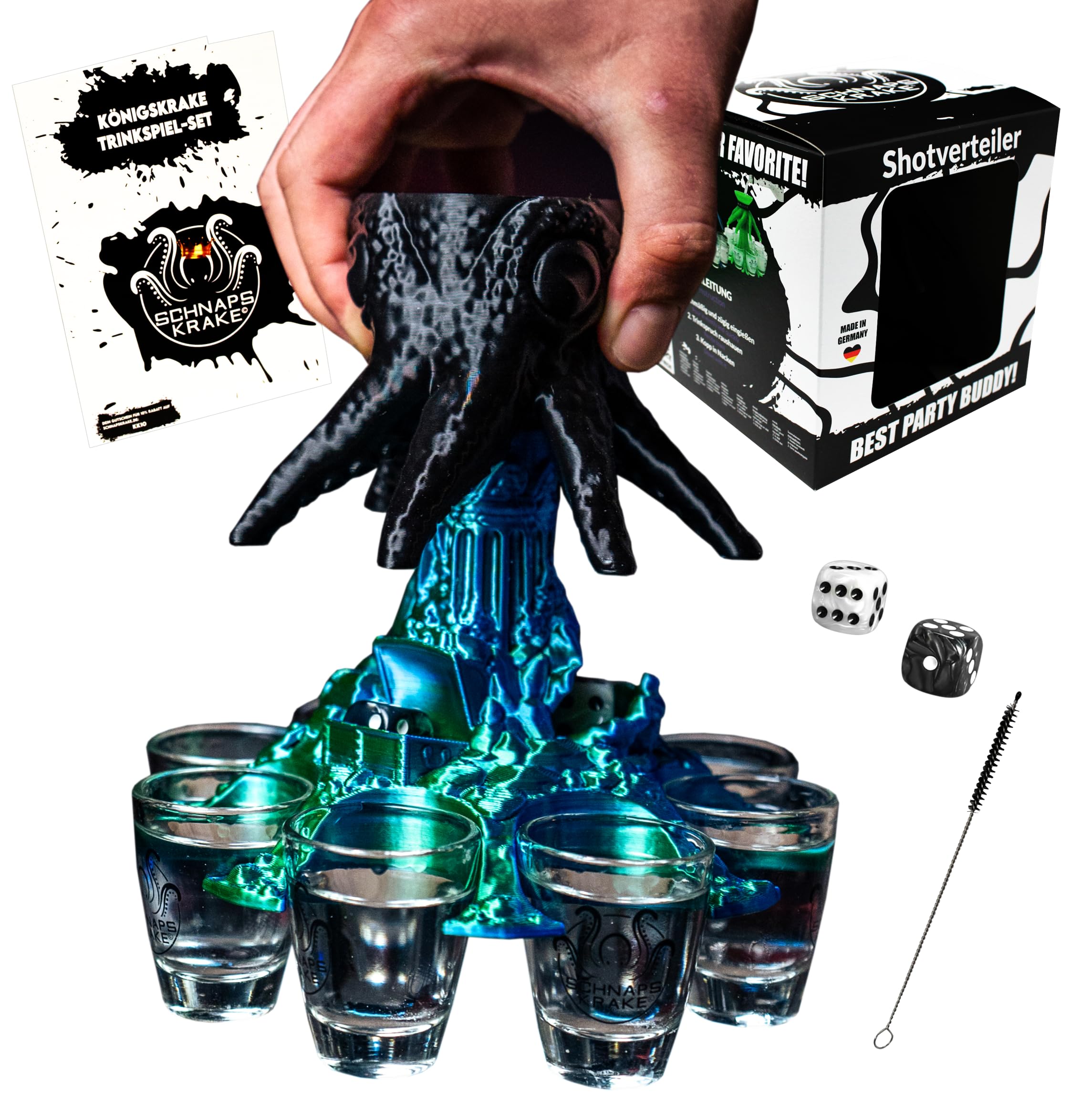 Königskrake Spiele Set Mystic Blau - 8 Gläser, Würfel, Spieleheft - Made in Germany