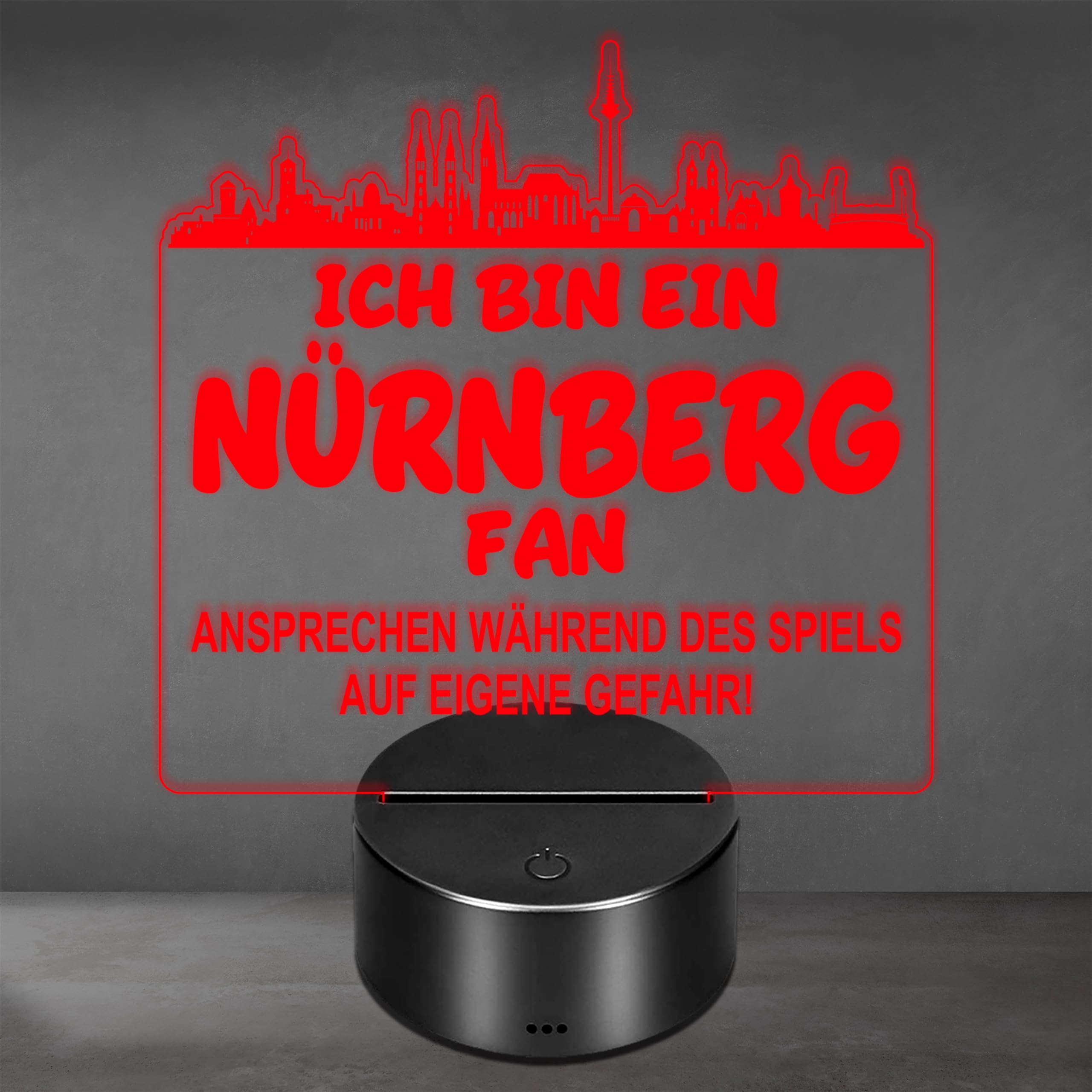 Lieblingsmensch Nürnberg Fan Fußball LED Nachtlicht – 3D Skyline Design „Ansprechen auf eigene Gefahr“ – RGB Farbwechsel mit Fernbedienung & Touch – Stimmungslicht für die Man Cave – 19x23cm