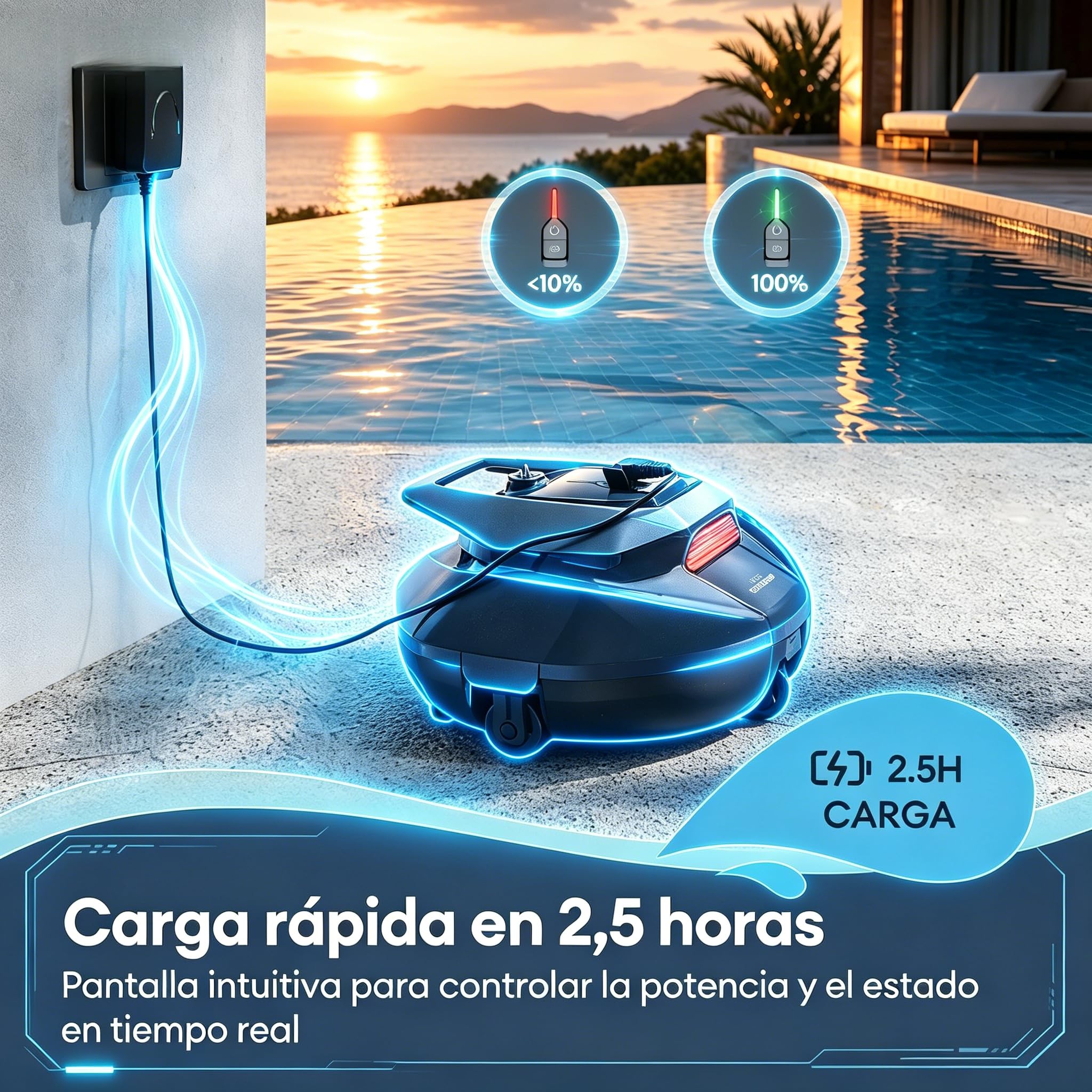 Robot Limpiafondos Piscina Inalámbrico con Flotador, Recogida sin Poste, 2 Motores, 90Min, 80m², Autoaparcamiento Inteligente, Diseño Biónico, Fácil de Usar para Piscina Elevada y Enterrada