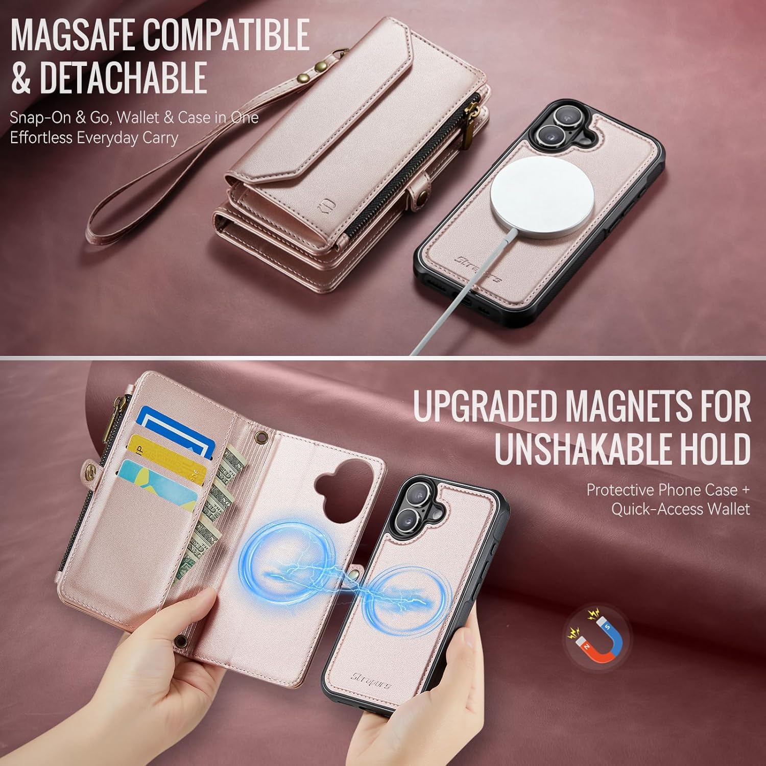 for iPhone 16 Detachable Wallet Case Compatible with Magsafe for Women, RFID Blocking 9-Card Holder Zipper Wrist Strap Lanyard PU Leather Magnetic Phone Case for iPhone 16 6.1", Rose Gold - Image 3