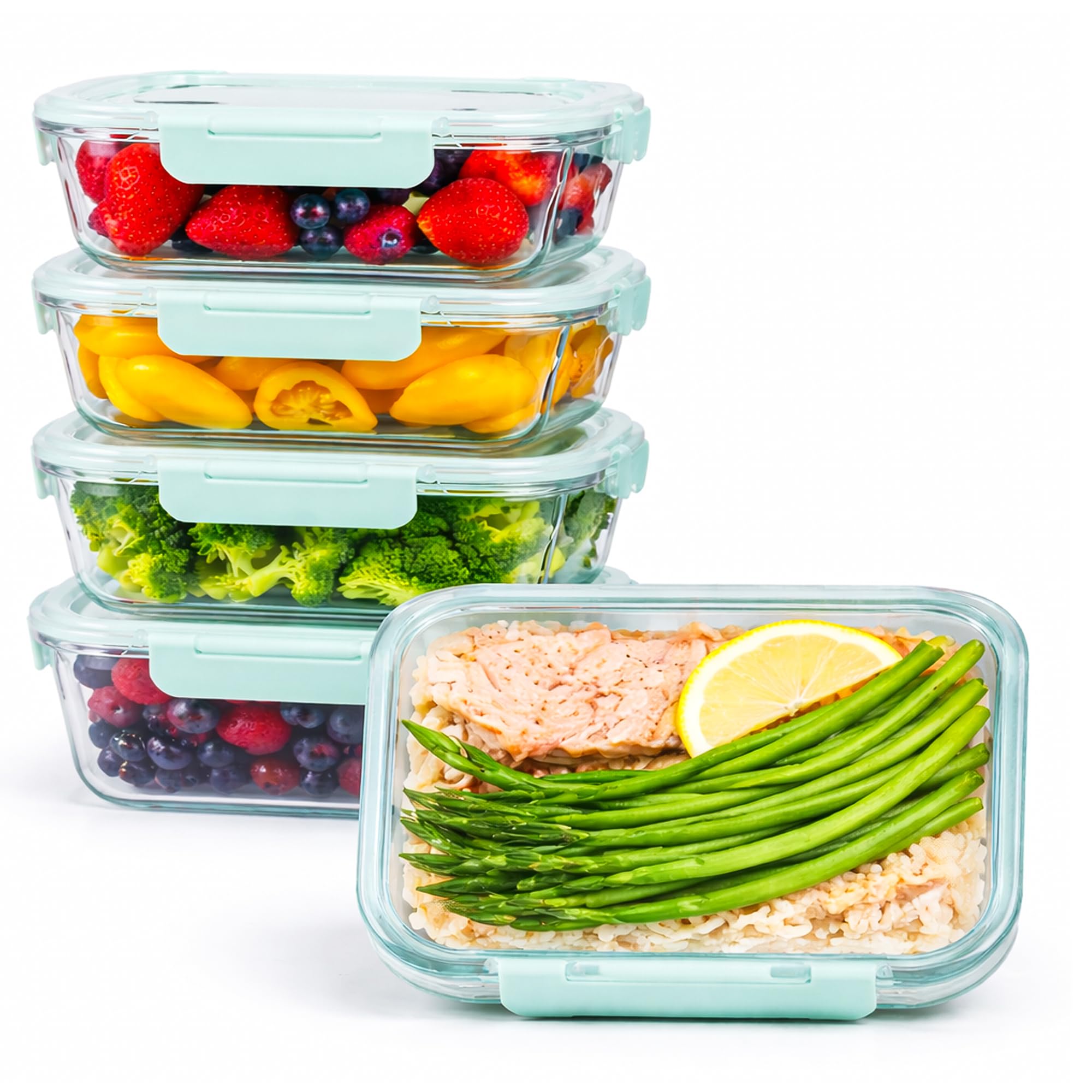 Innoteck Green Glass Food Storage Container Set With Airtight Locking Lids (1040Ml Each) – Rectangular Borosilicate Meal Prep Boxes, Leakproof & Dishwasher Safe - Pack Of 5