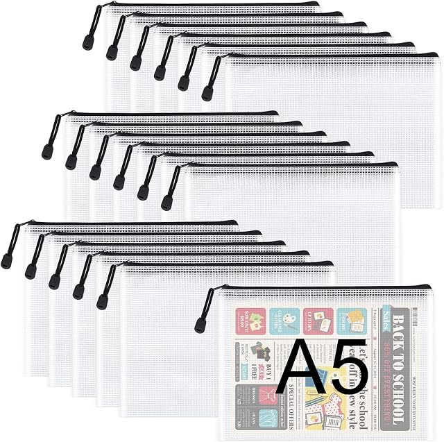 A5 Plastic Zip Wallets Folders Extra Thick - 18PCS A5 Mesh Zipper Pouch Plastic Zip Lock Bags Document Wallets File Zipper Bags for School Office Supplies, Receipts, Cosmetics and Travel Accessories
