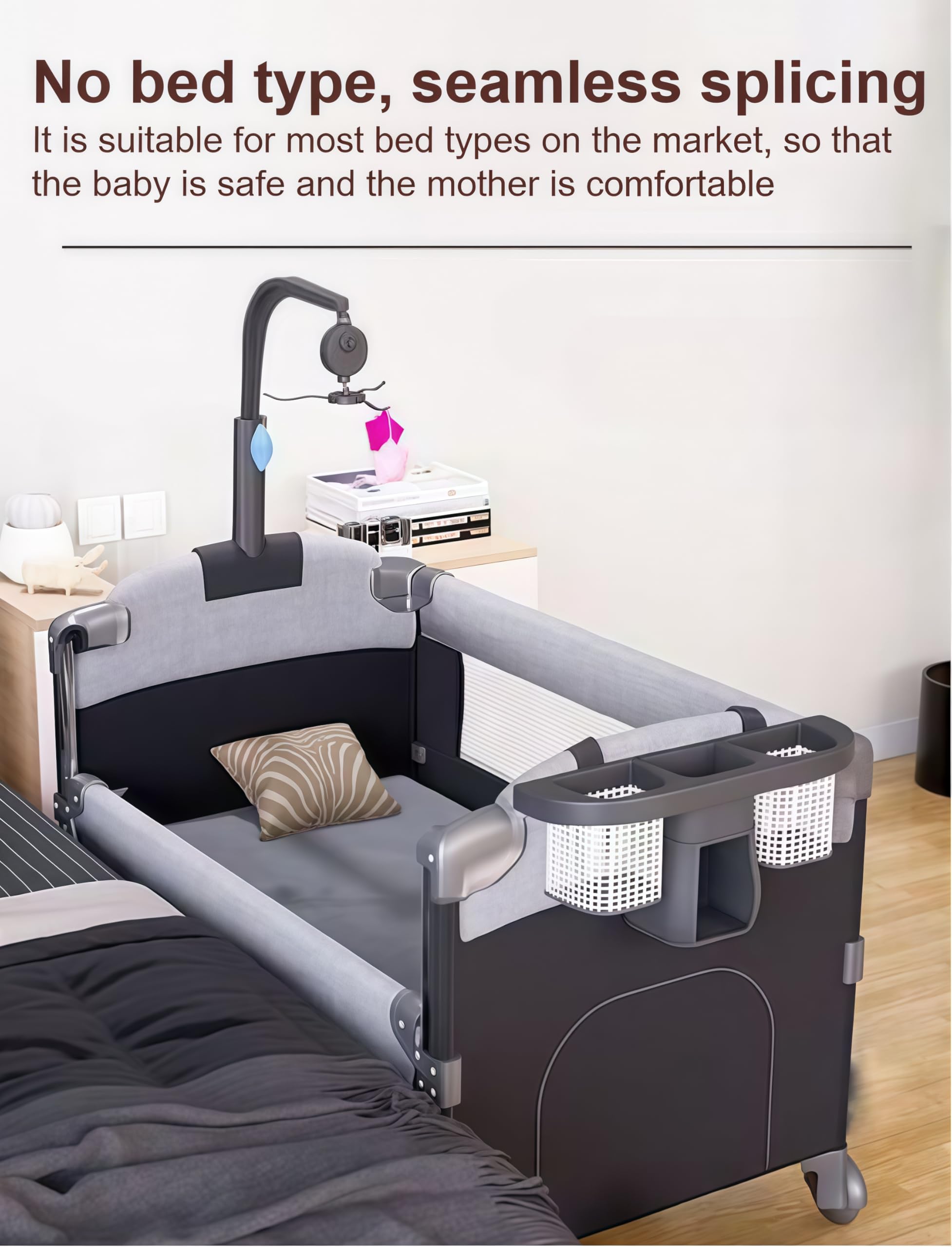 Lettino convertibile 3 in 1 con tavolo per pannolini, lettino portatile, lettini da comodino, struttura in metallo, 125 x 65 x 76 cm, include materasso, zanzariera, scaffale per giocattoli
