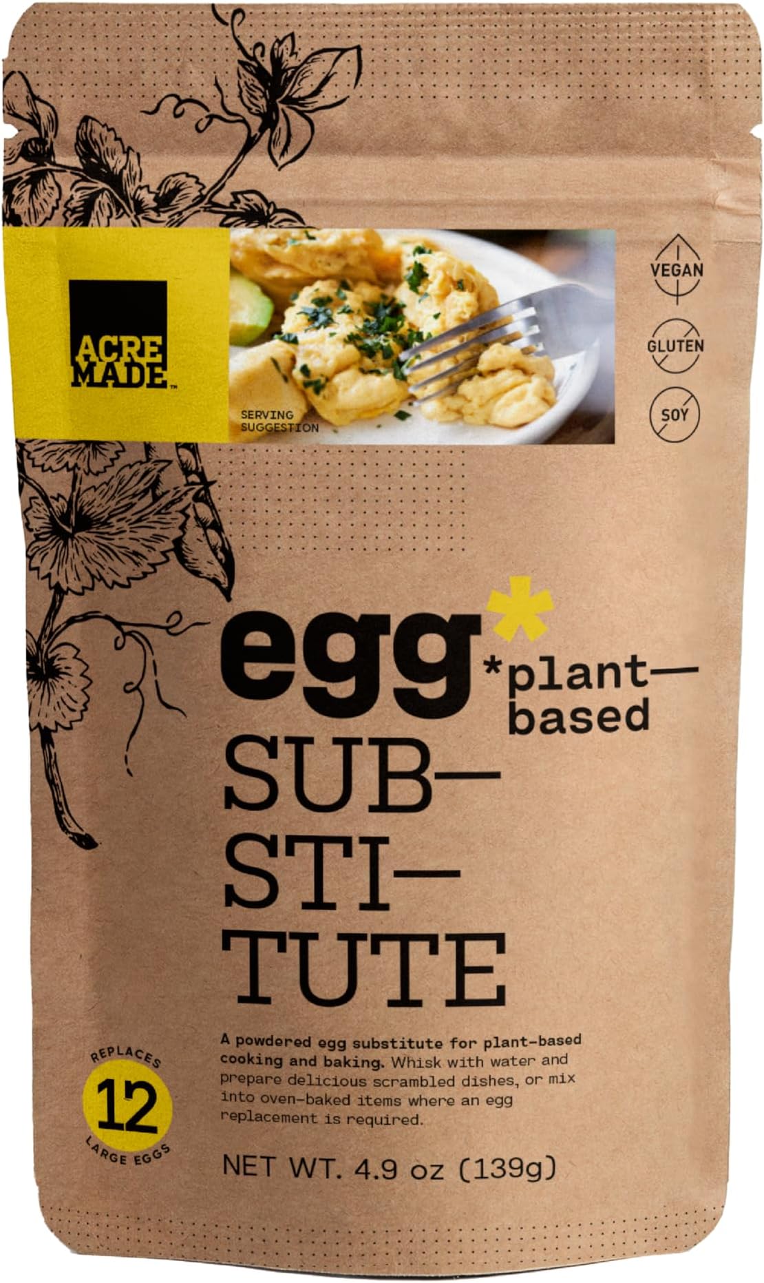 AcreMade Plant-Based Egg Substitute, Vegan Egg Powder, Gluten Free, Shelf Stable, Soy-Free, Natural Egg Replacement, 5 Grams of Pea Protein Per Serving, Cholesterol Free, 4.9 Ounce (Pack of 8)