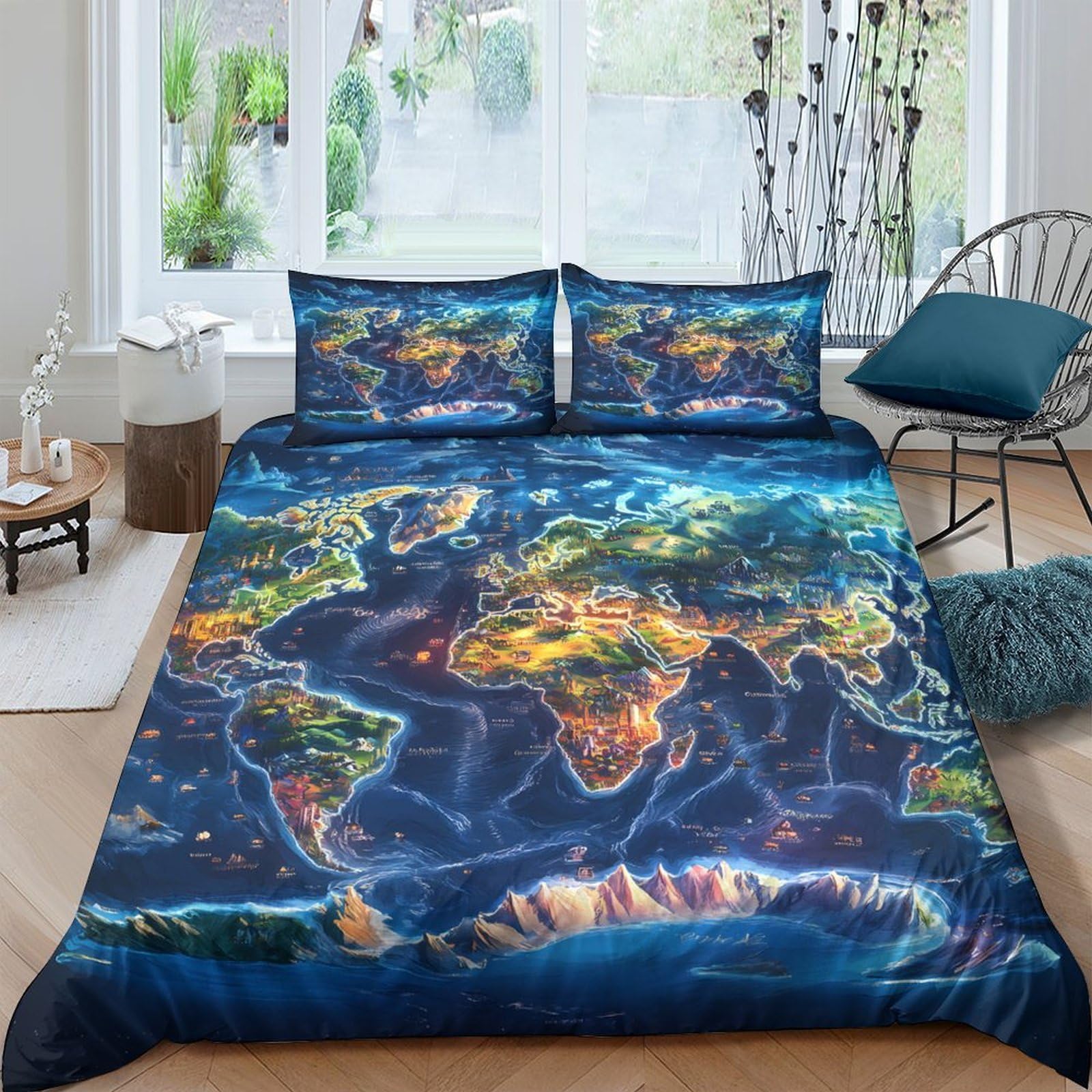 Ctjqhvkz Style-4 3D Printed Night City Map Fitted Sheet Microfiber Soft Bed Cover Urban World Map Bedroom Decor Protector Single（135X200cm）