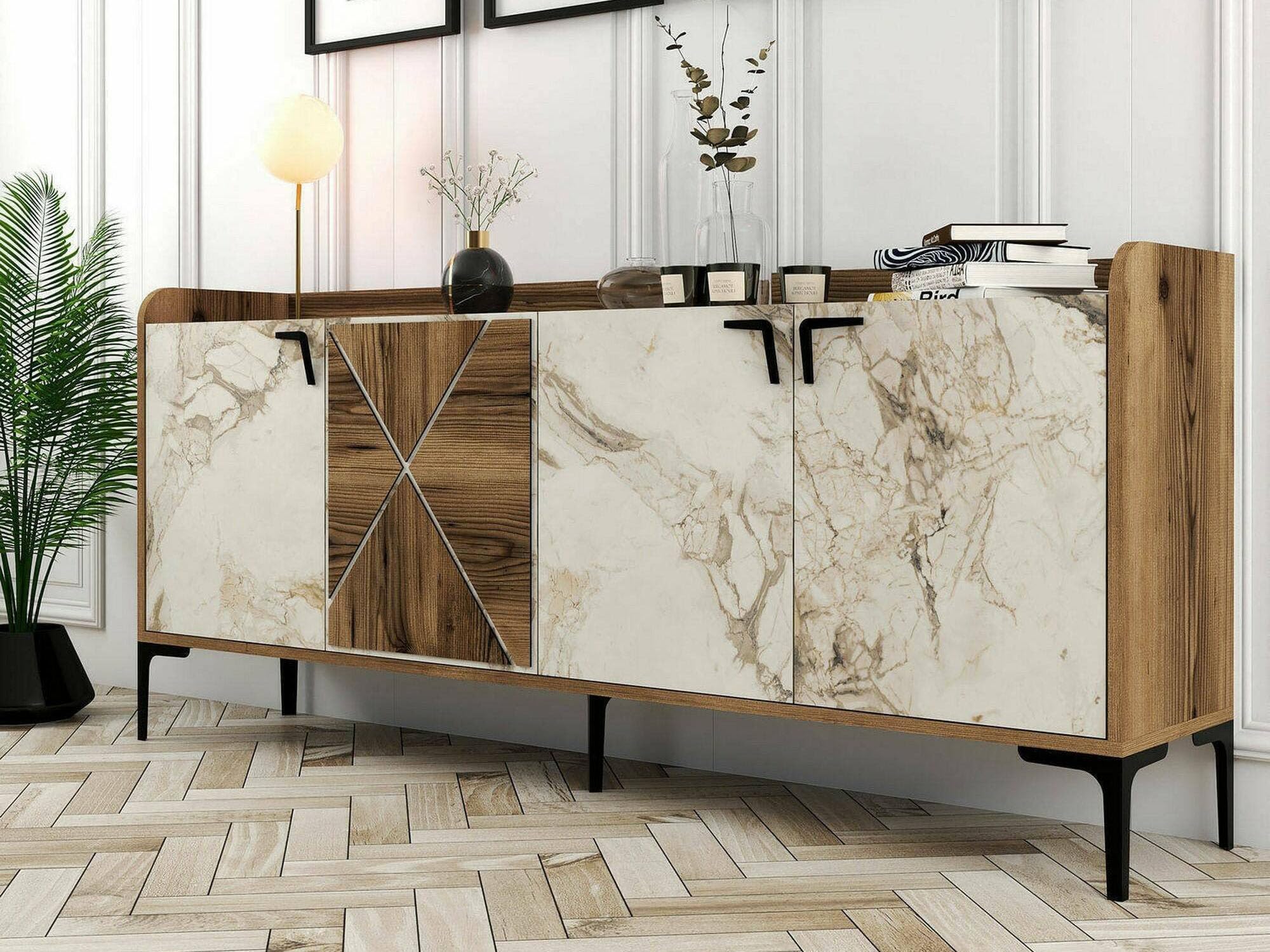 Dmora - Console Deneb, Buffet de Salon, Meuble Bas pour TV, Socle Mural équipé, 180x35 h78 cm, Noyer et Marbre Blanc
