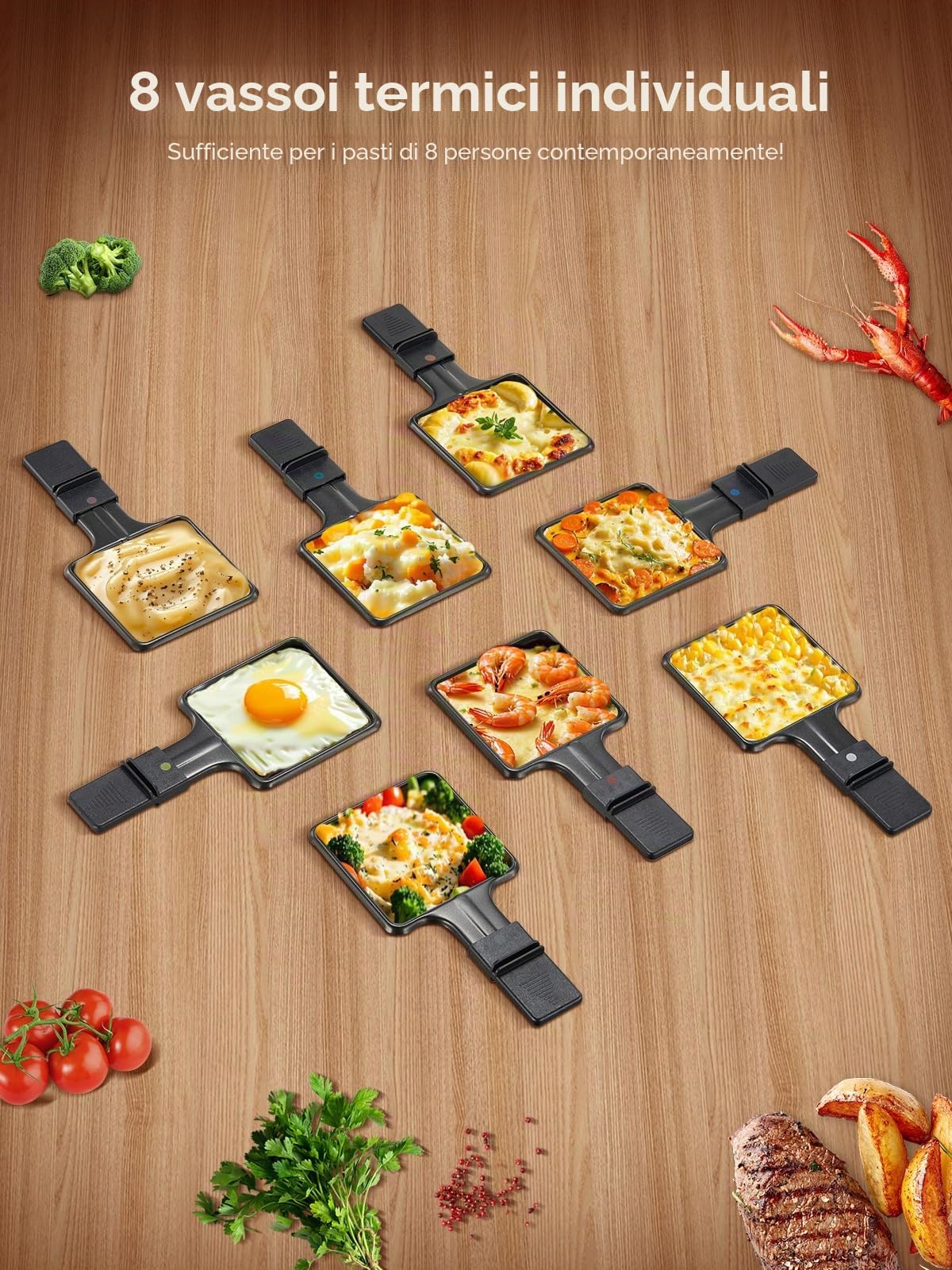 FOHERE Raclette Grill per 8 Persone, 1400W Griglia Elettrica Antiaderente Reversibile con 8 Mini Padelle, Acciaio Inox Opaco, Adatto per Famiglie e Feste