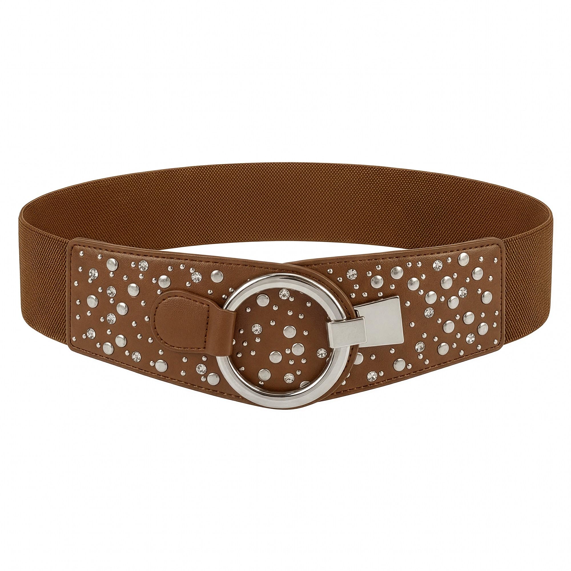BlackButterfly Wide Elastic Stretch Retro Metal Interlock Buckle Belt (Light Brown, XXL)