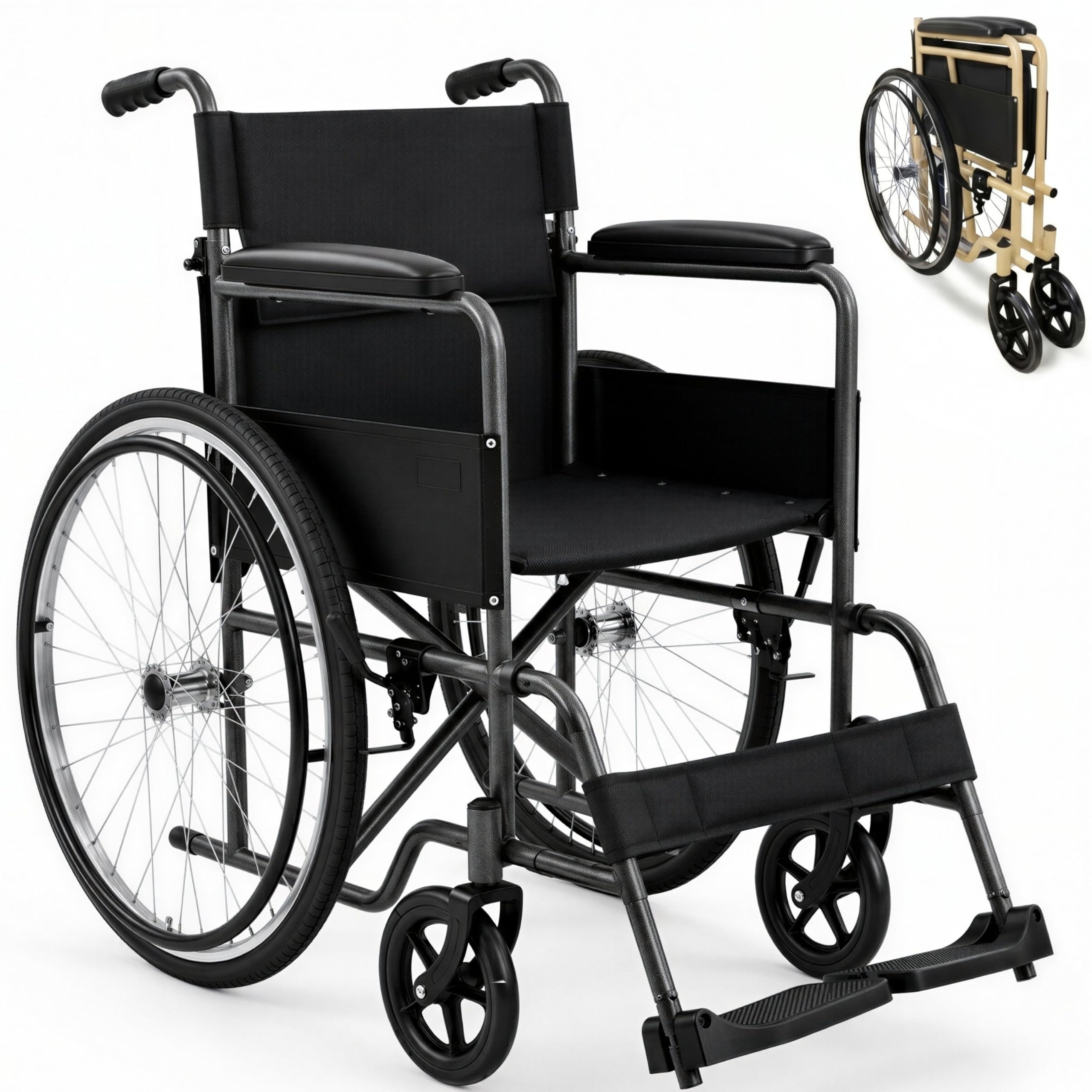 Mobiclinic®, Silla de Ruedas, Plegable, Denver, Asiento 46 cm, Freno Manual, Respaldo Desmontable, Reposapiés Abatibles, Resistente, Ligera, Acero (Gris)