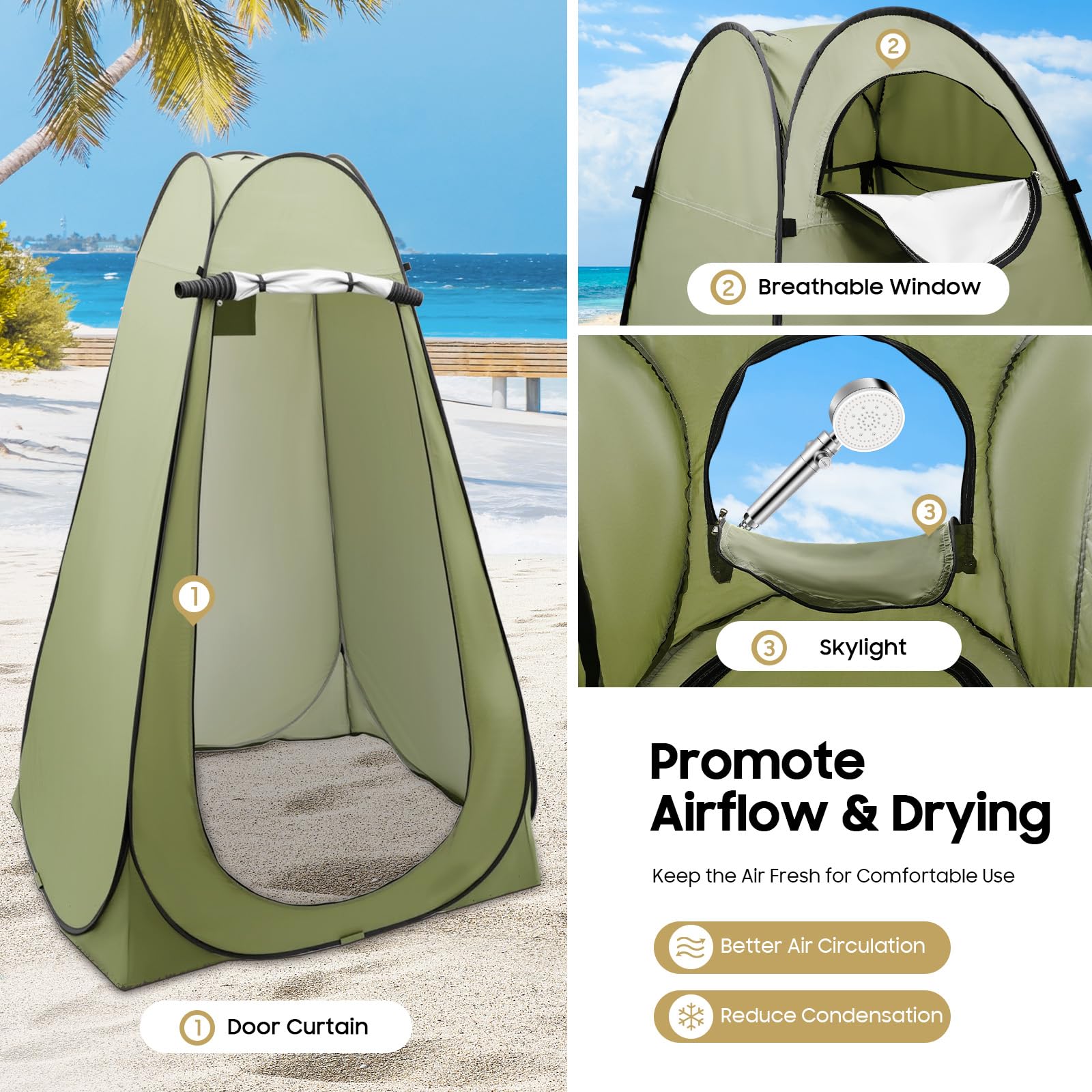 Tente de douche de camping pour 1 homme, tente de toilette, cabine de douche mobile avec auvent, tente d'appoint, tente WC, verte
