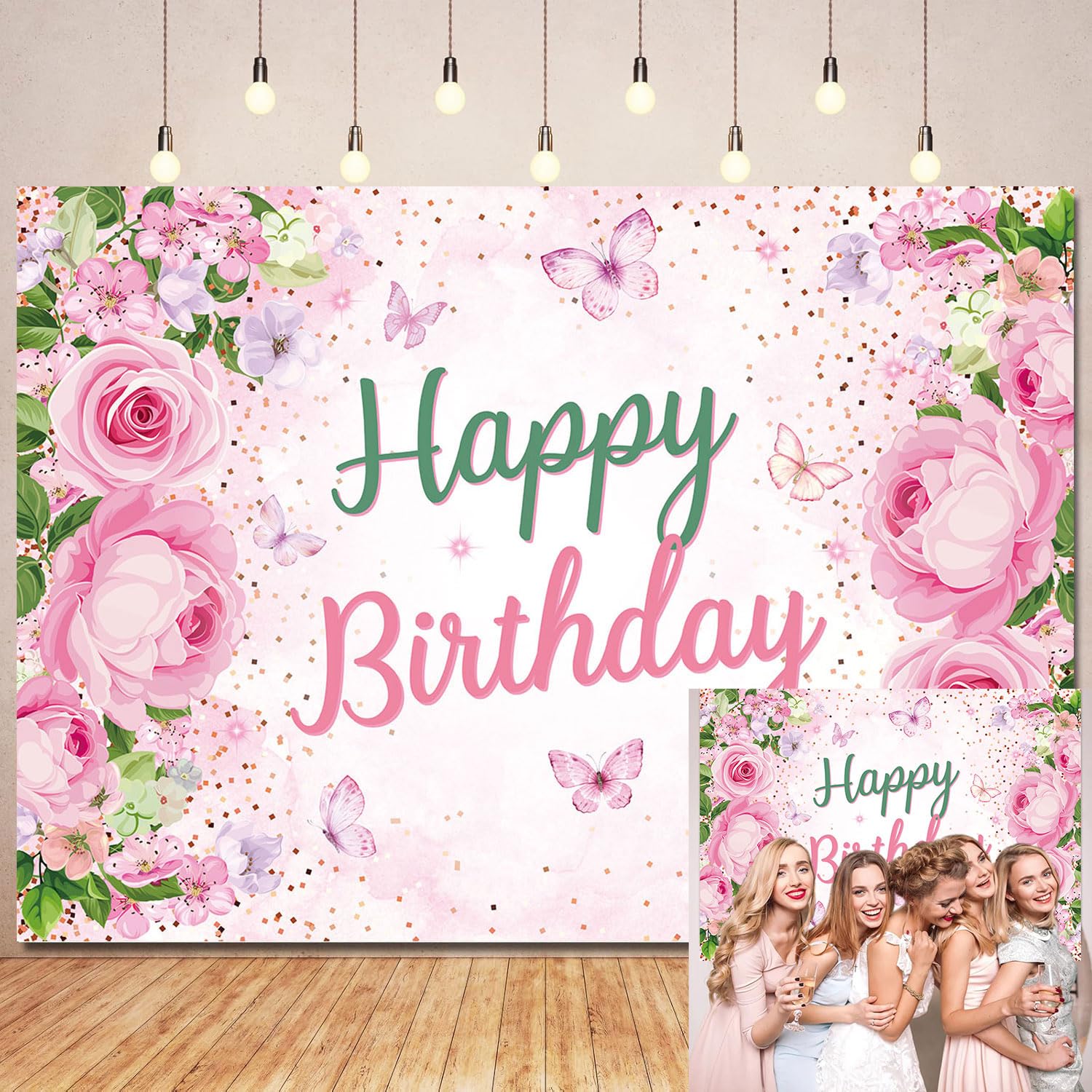 Pink Floral Birthday Backdrop for Photography Flowers Butterfly Happy Birthday Backdrop Banner for Girls Women Party Decoration Photo Booth Props (