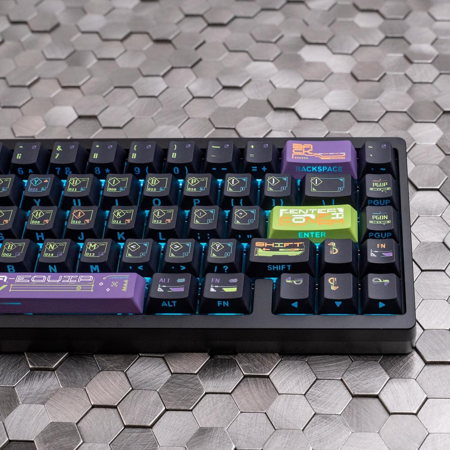 PBT Keycap Set, Cyberpunk Style, Shine-Through Side Printed, Cherry Profile, 129 Keys, Dye Sub, for ISO ANSI 60 65 75 100 Percent Mechanical Keyboard