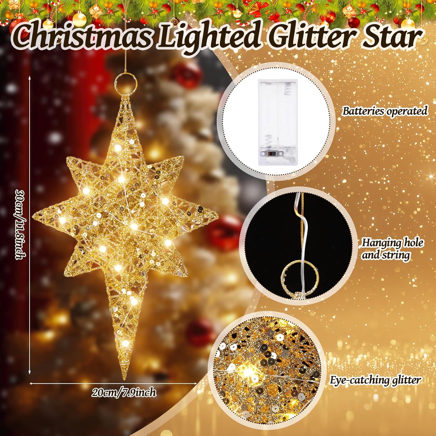 Baquler 3 Pcs 11.8 Inch Christmas Glitter Bethlehem Star Hanging Outdoor Lighted Christmas Star LED Xmas Lights Hanging Xmas Decorative Ornaments for Indoor Outdoor Nativity Tree Window Porch