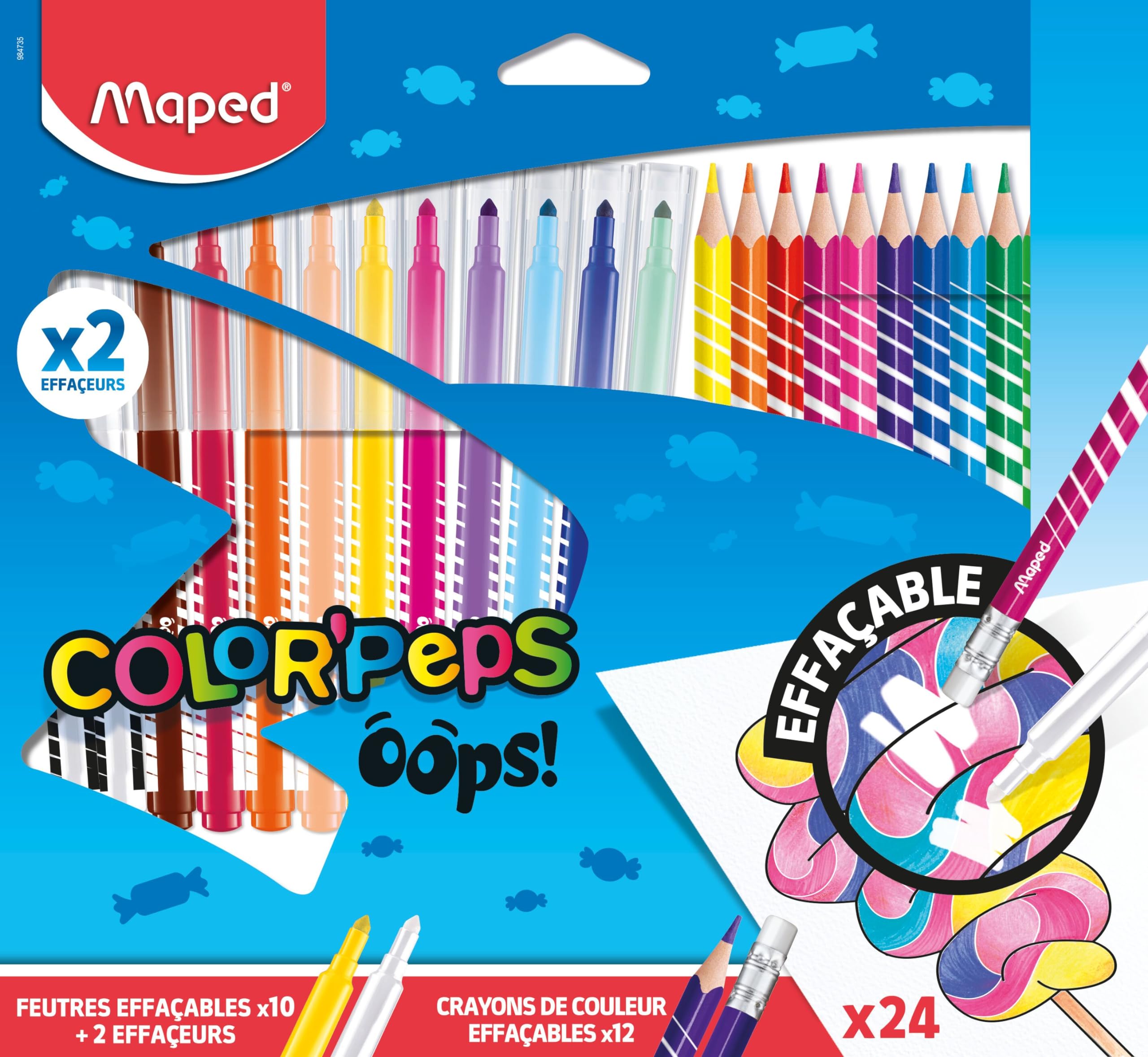 Maped Oops Color'Peps - Juego de rotuladores y lápices de colores borrables (12 lápices de colores con punta de goma + 12 rotuladores que se borran