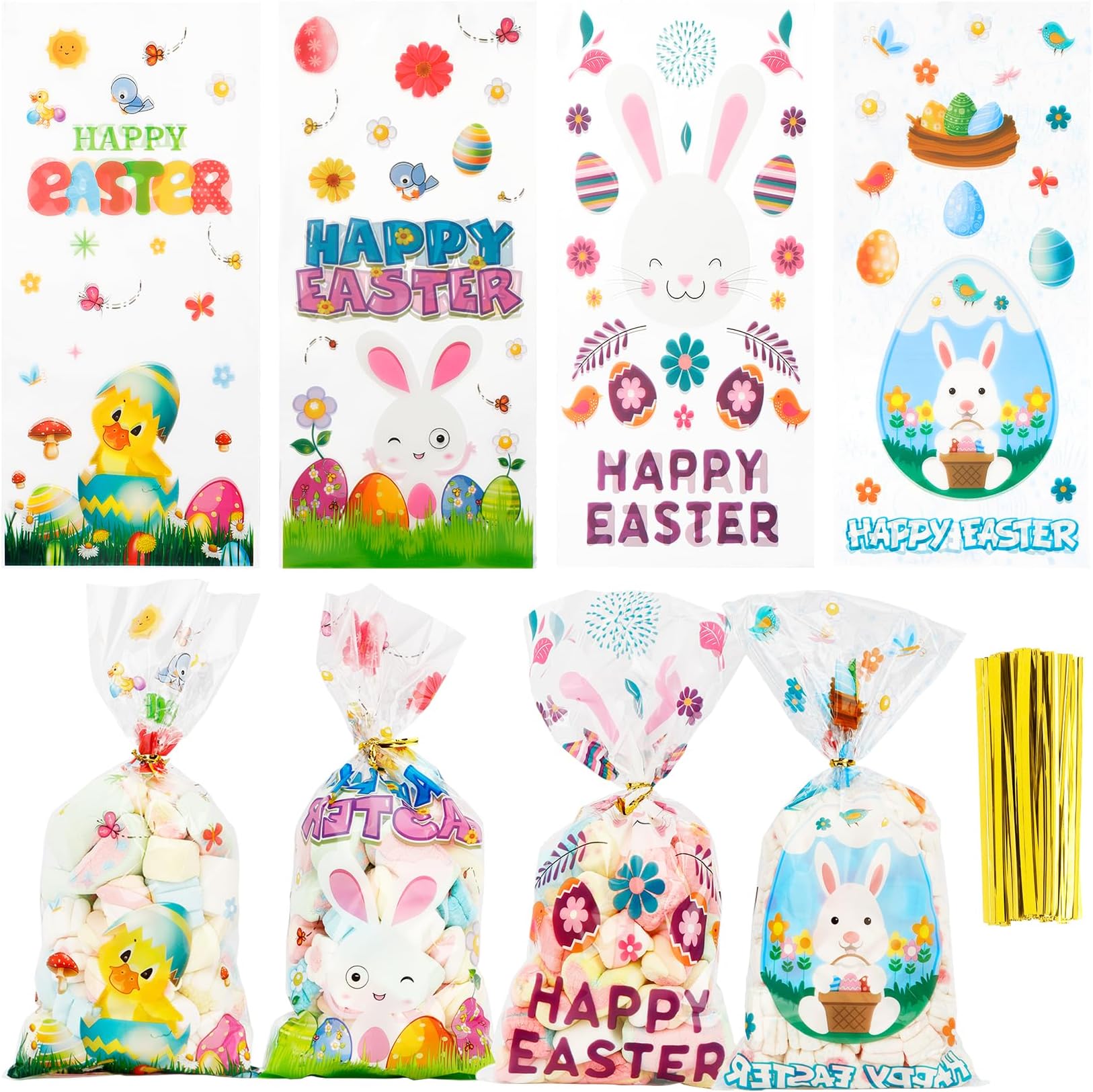 Chuangdi 100 Pack Easter Day Treat Bag Easter Bunny Party Bag Candy Cellophane Bag