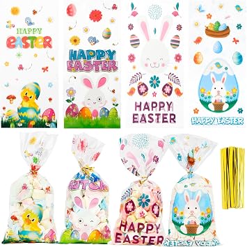 Easter Cellophane Treat Bags, 100 PCS Easters Gift Bags, Plastic Clear Cello Easters Candy Cookies Goodie Snack Bag with 100 Pcs Gold Twist Ties for Easter Party Favor Supplies, 4 Assorted Styles