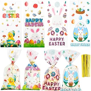 Easter Cellophane Treat Bags, 100 PCS Easters Gift Bags, Plastic Clear Cello Easters Candy Cookies Goodie Snack Bag with 100 Pcs Gold Twist Ties for Easter Party Favor Supplies, 4 Assorted Styles