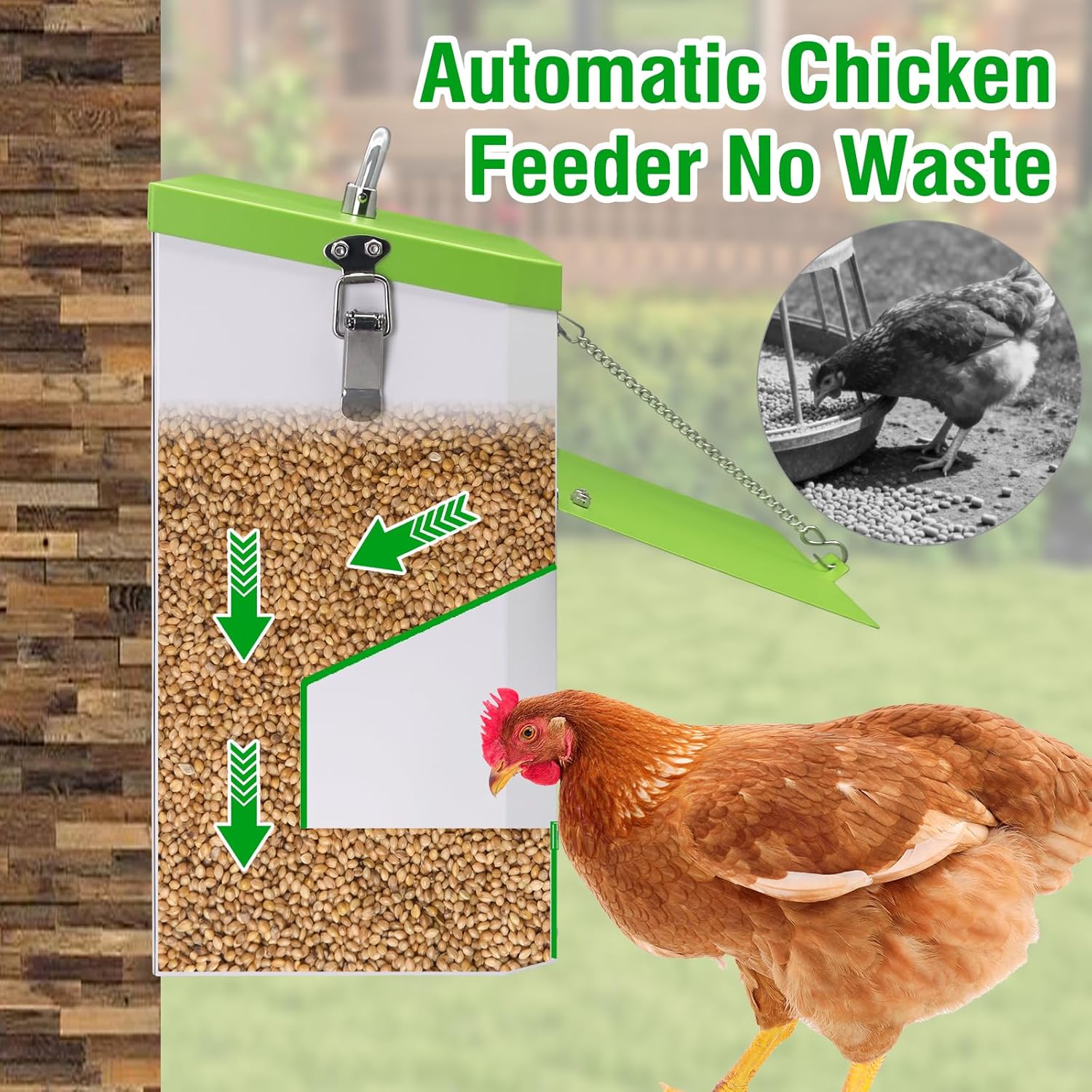 25LBS Automatic Chicken Feeder-No Waste Metal Poultry Feeder with View Window & Rain Cover,Hanging Chicken Food Dispenser for Outdoor Coops，No Assembly, Rodent Proof
