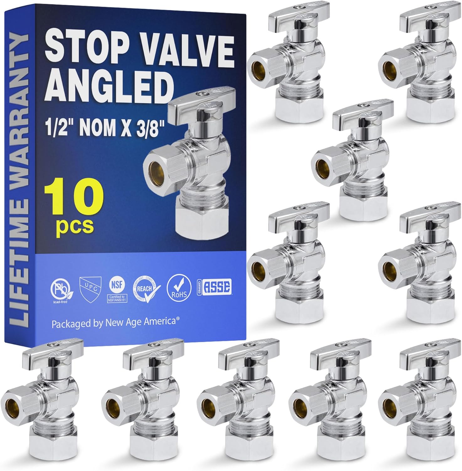 New Age America 10pcs Angle Stop Valve AquaFlow 360TM | 1/2" Nom (5/8" OD) Compression x 3/8" OD Compression | 1/4" Turn | Angle Stop Valve | Angled Faucet Water Shut Off | Lead-Free | Chrome Plated