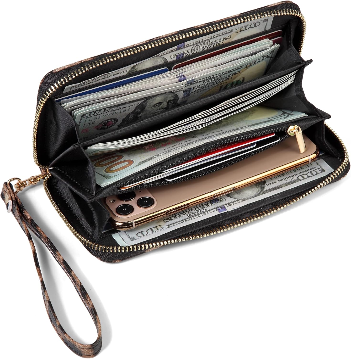 Leopard Cow Print Wallet For Women Skull Goth Frog Ladies Cluth Wristlet Wrist strap Long Purse Zip Around Card Holder thumbnail